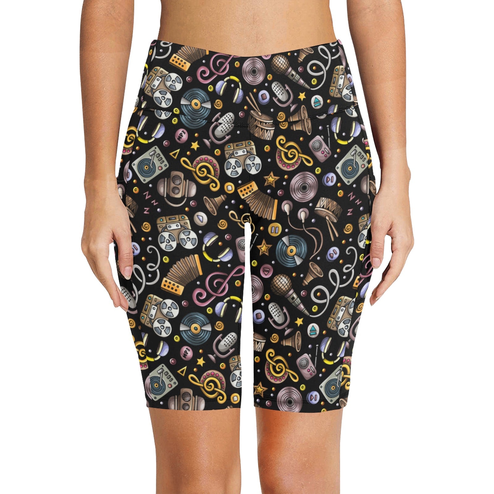 Retro Music Mix Women's Bike Shorts With Side Pockets Women's Bike Shorts Music Printed Offshore Retro