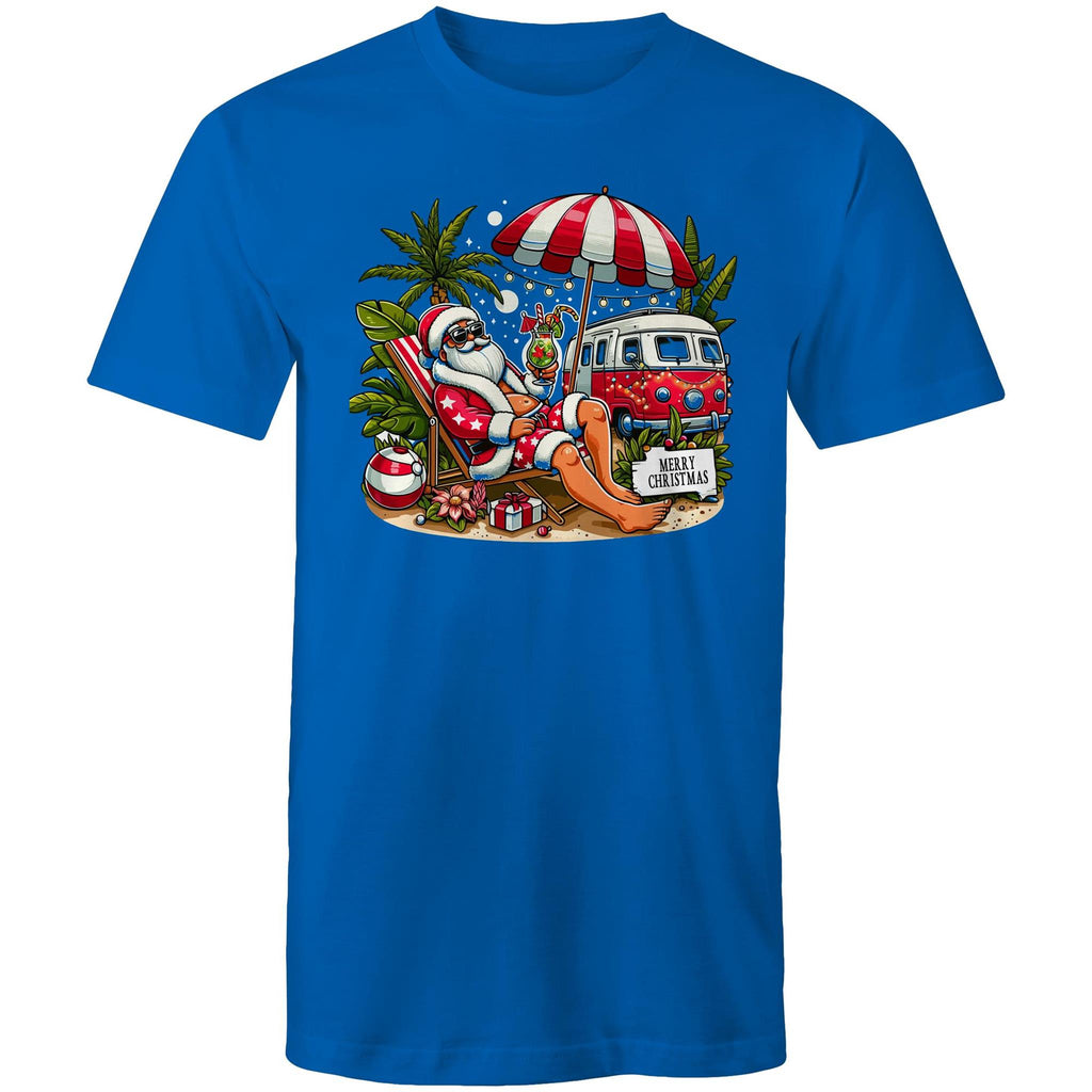 Santa By The Beach - Mens T-Shirt Bright Royal Mens Christmas T-shirt Christmas Printed In Australia