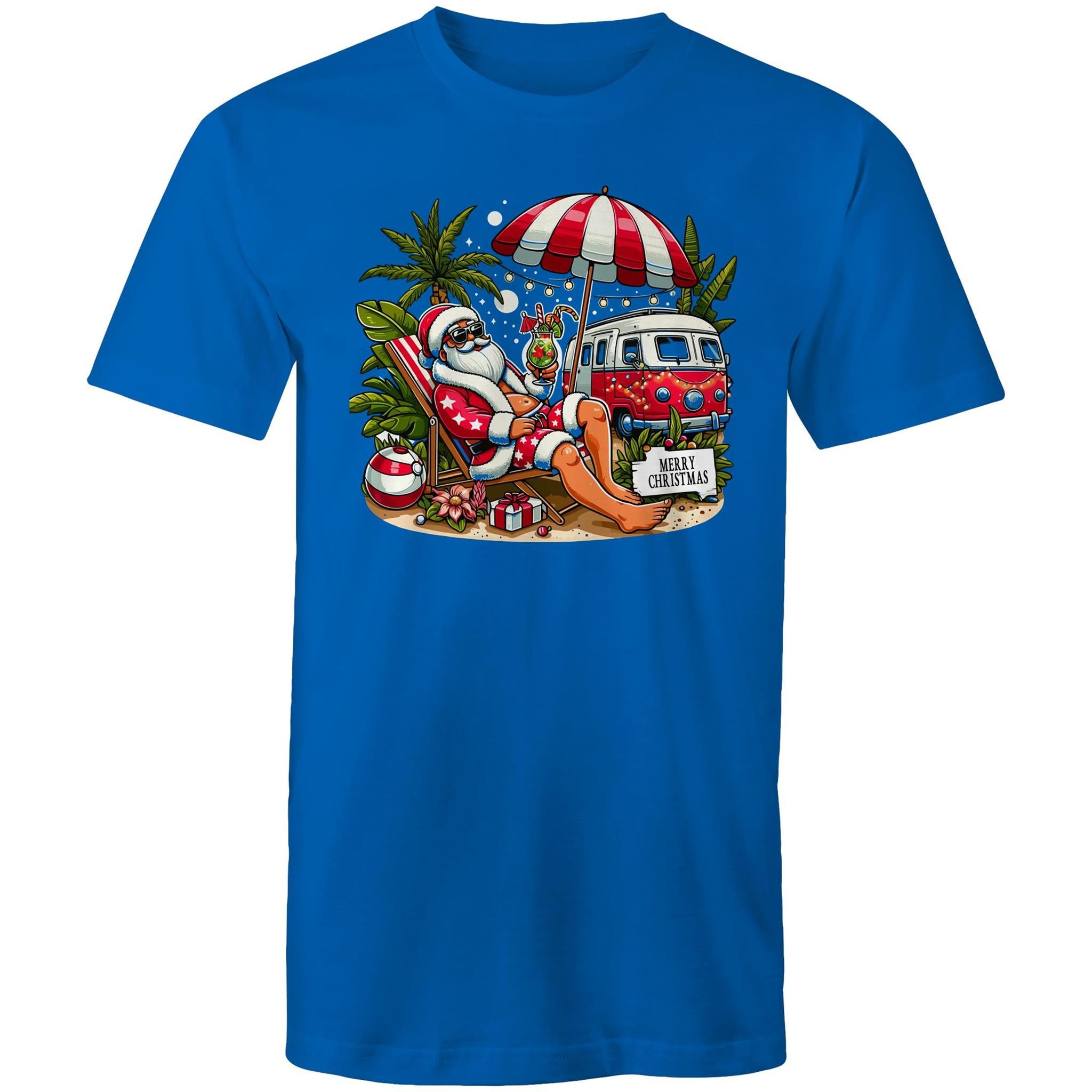 Santa By The Beach - Mens T-Shirt Bright Royal Mens Christmas T-shirt Christmas Printed In Australia