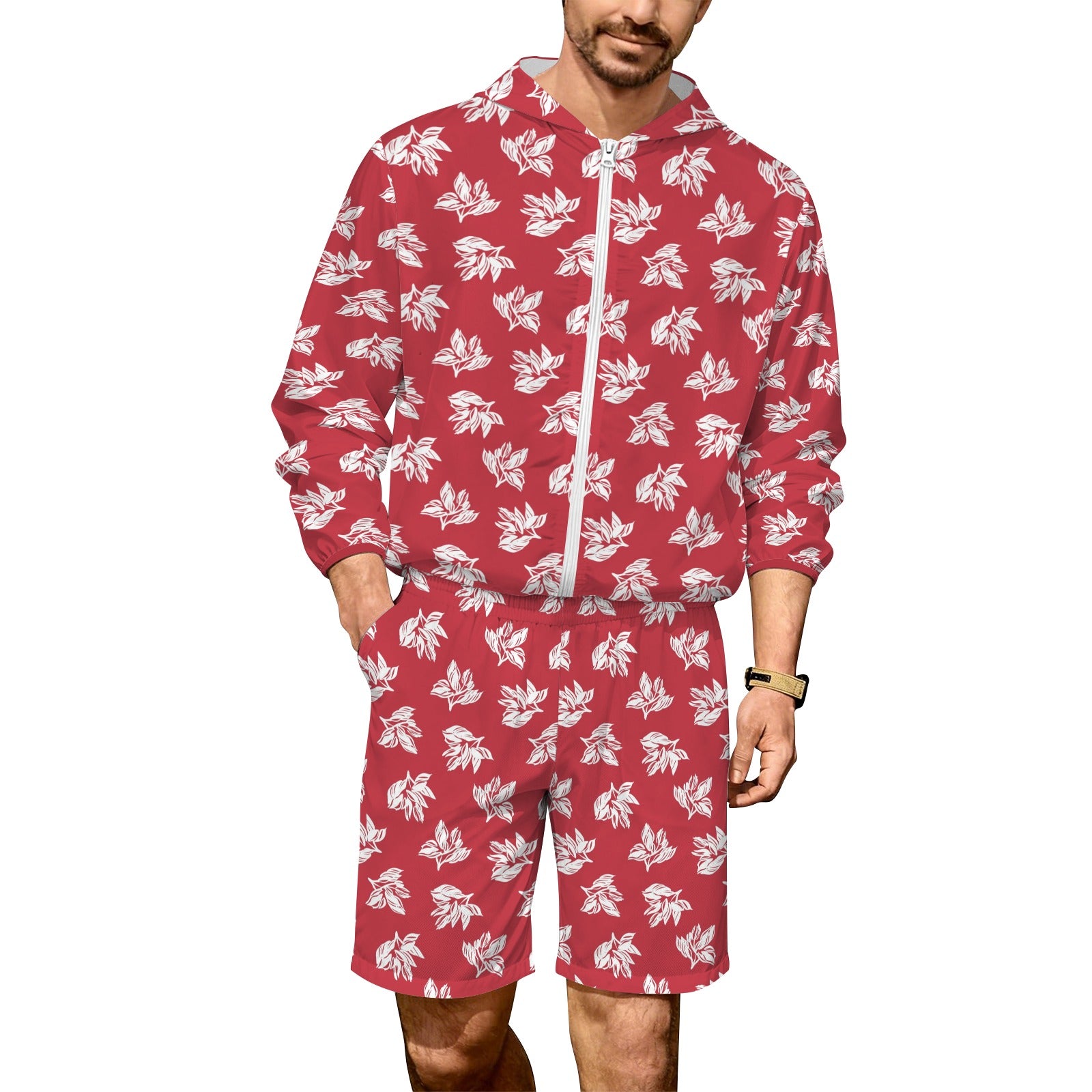 Red Retro Foliage Men's Lightweight Sun Hoodie & Shorts Set 4XL Men's Lightweight Sun Hoodie & Shorts Plants Printed Offshore