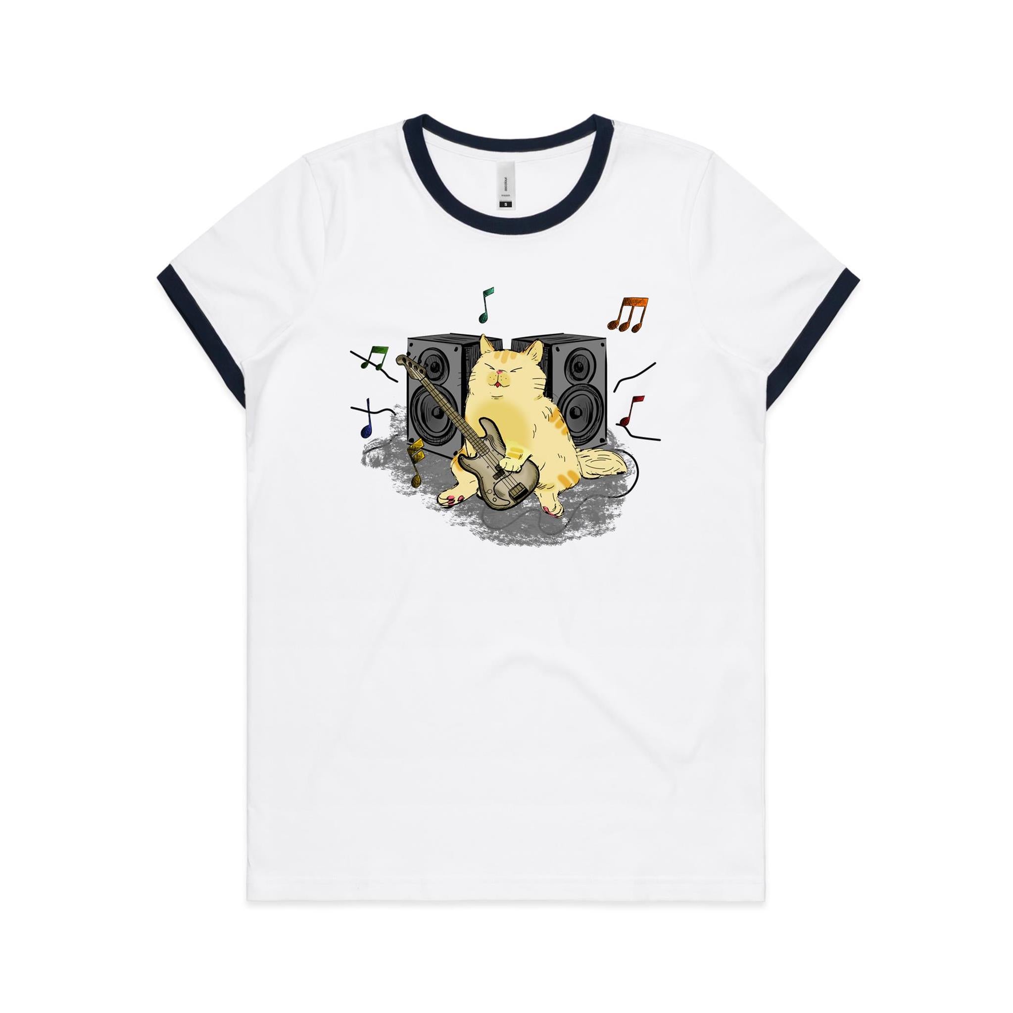 Cat Bass Player - Women's Ringer Tee White Navy Womens Ringer T-shirt animal Music Printed In Australia