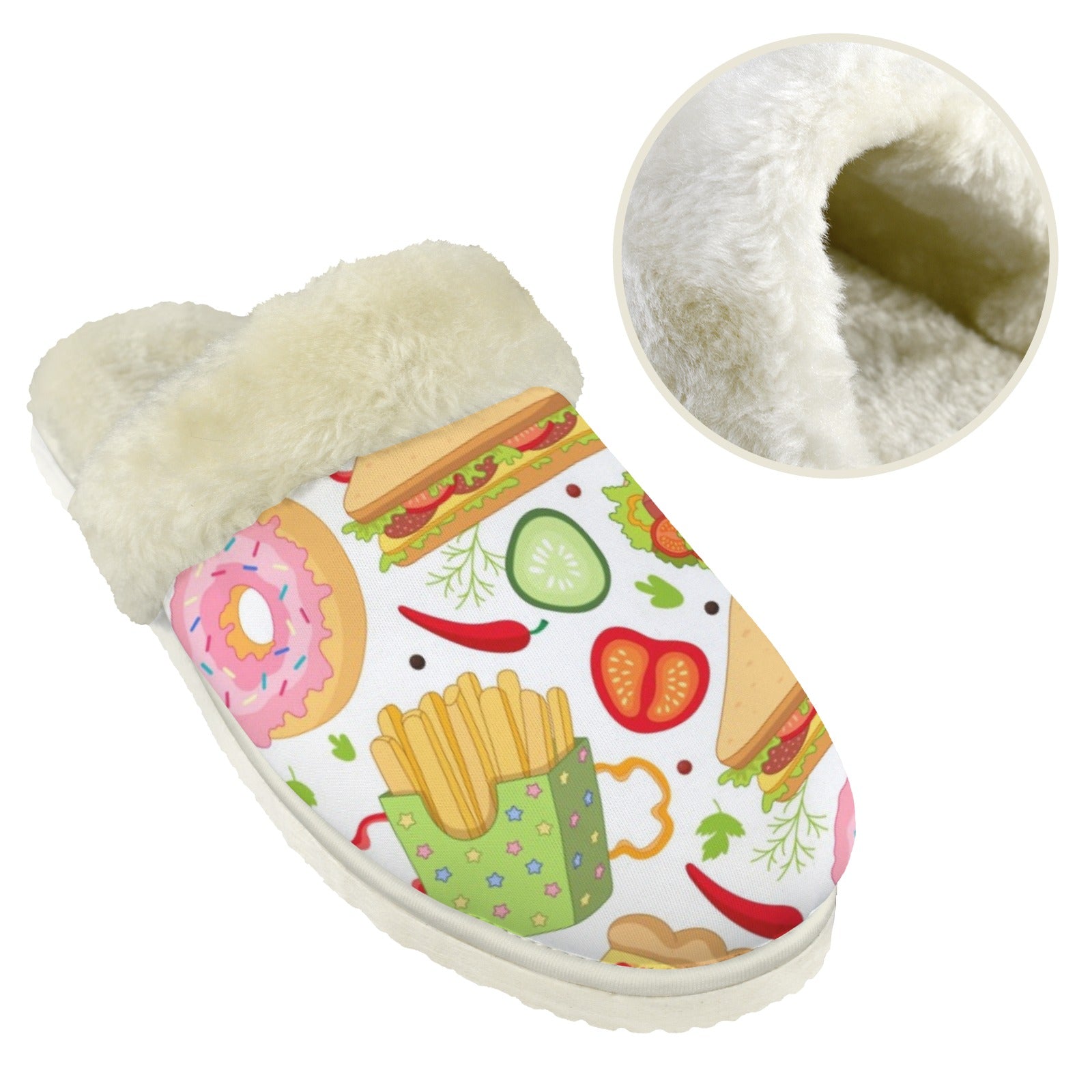 Food Love Men's Fur Trim Thick-Sole Indoor Slippers Men's Fur Trimmed Slippers Food Printed Offshore