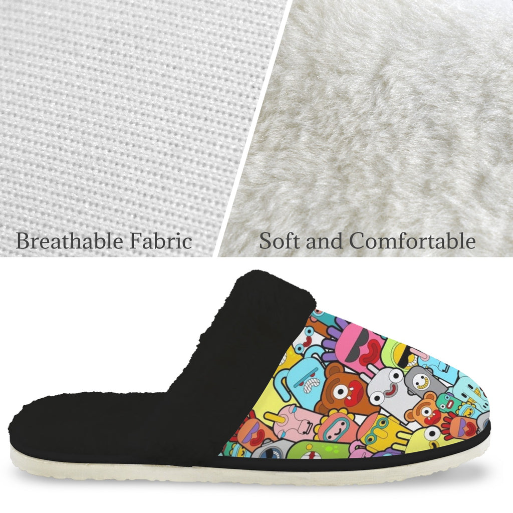 Happy Monsters Men's Fur Trim Thick-Sole Indoor Slippers Men's Fur Trimmed Slippers Printed Offshore Sci Fi