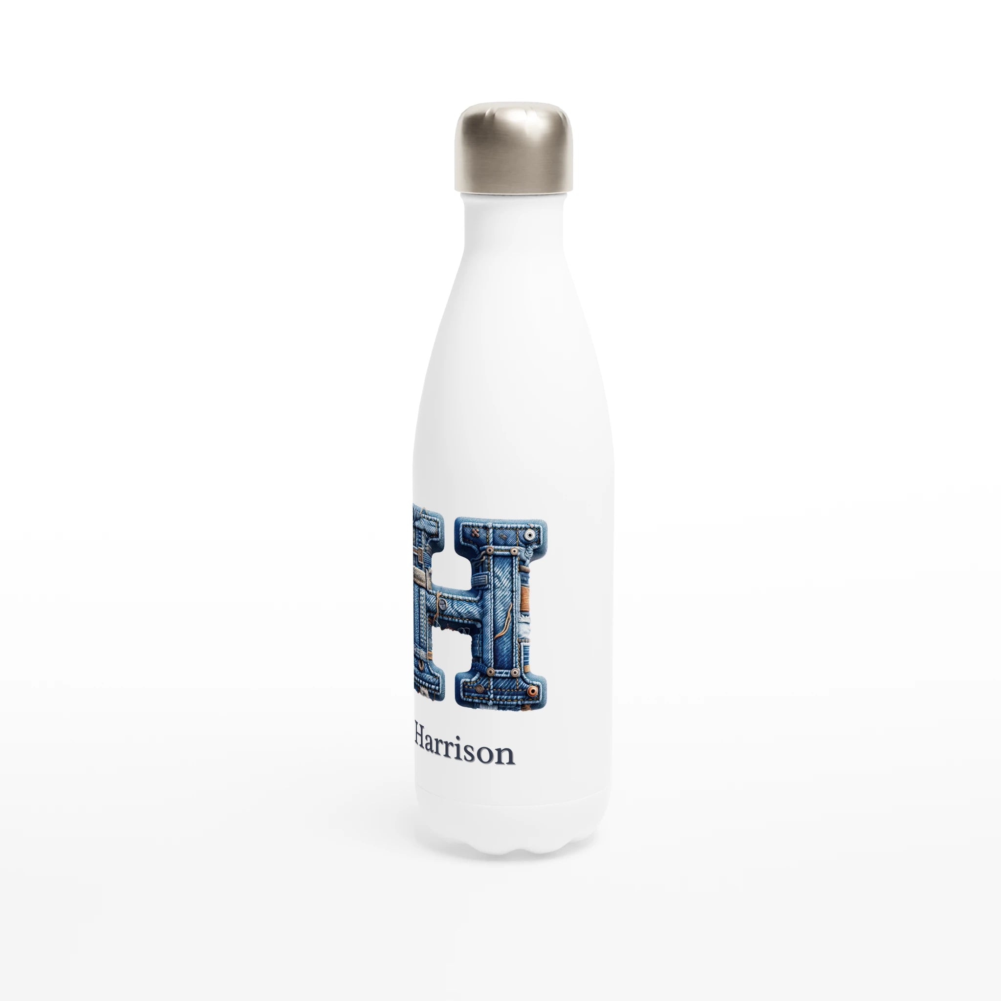 Blue Denim Initial - White 17oz Stainless Steel Water Bottle Personalised Water Bottle customise Globally Fulfilled Initial Name personalise