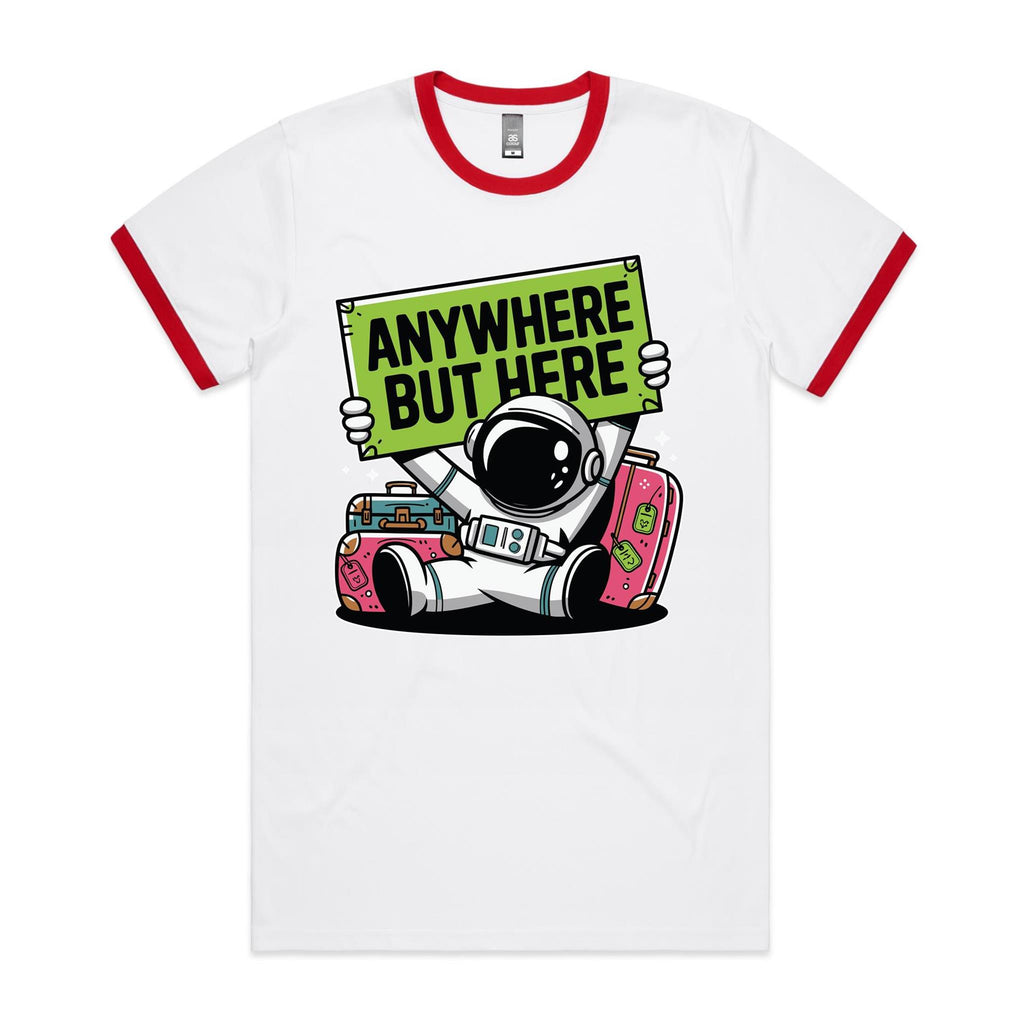 Astronaut, Anywhere But Here - Staple Ringer Tee White Red Ringer T-Shirt Printed In Australia Space