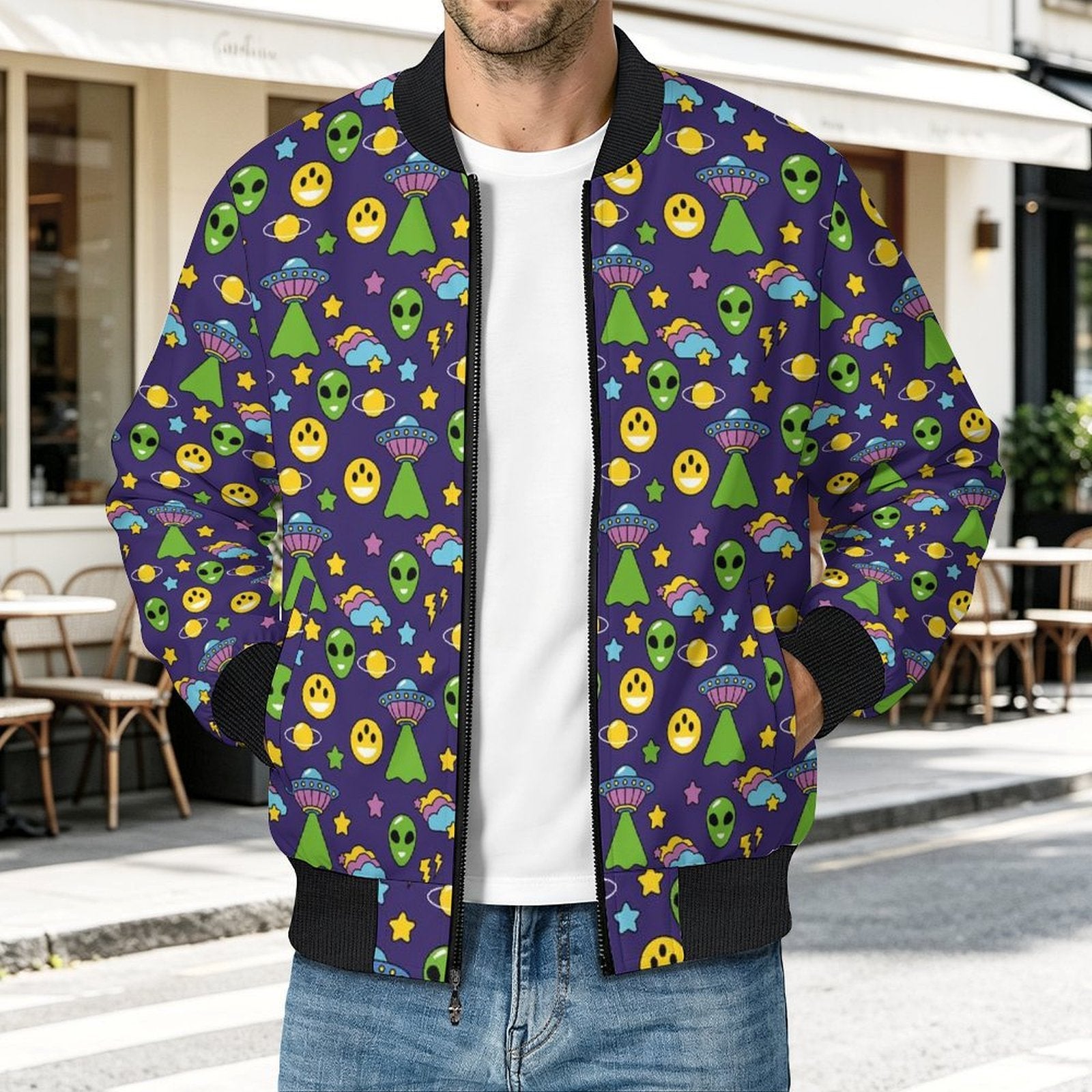 Groovy Alien And UFO Men's Casual Zip‑Up Bomber Jacket