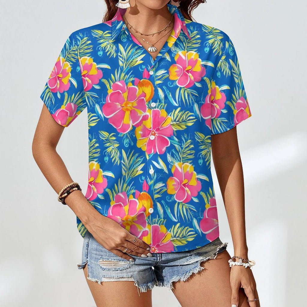 Pink And Blue Tropical Floral - Women's Short-Sleeve Button Up Shirt