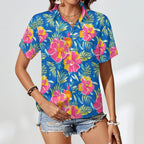 Pink And Blue Tropical Floral - Women's Short-Sleeve Button Up Shirt