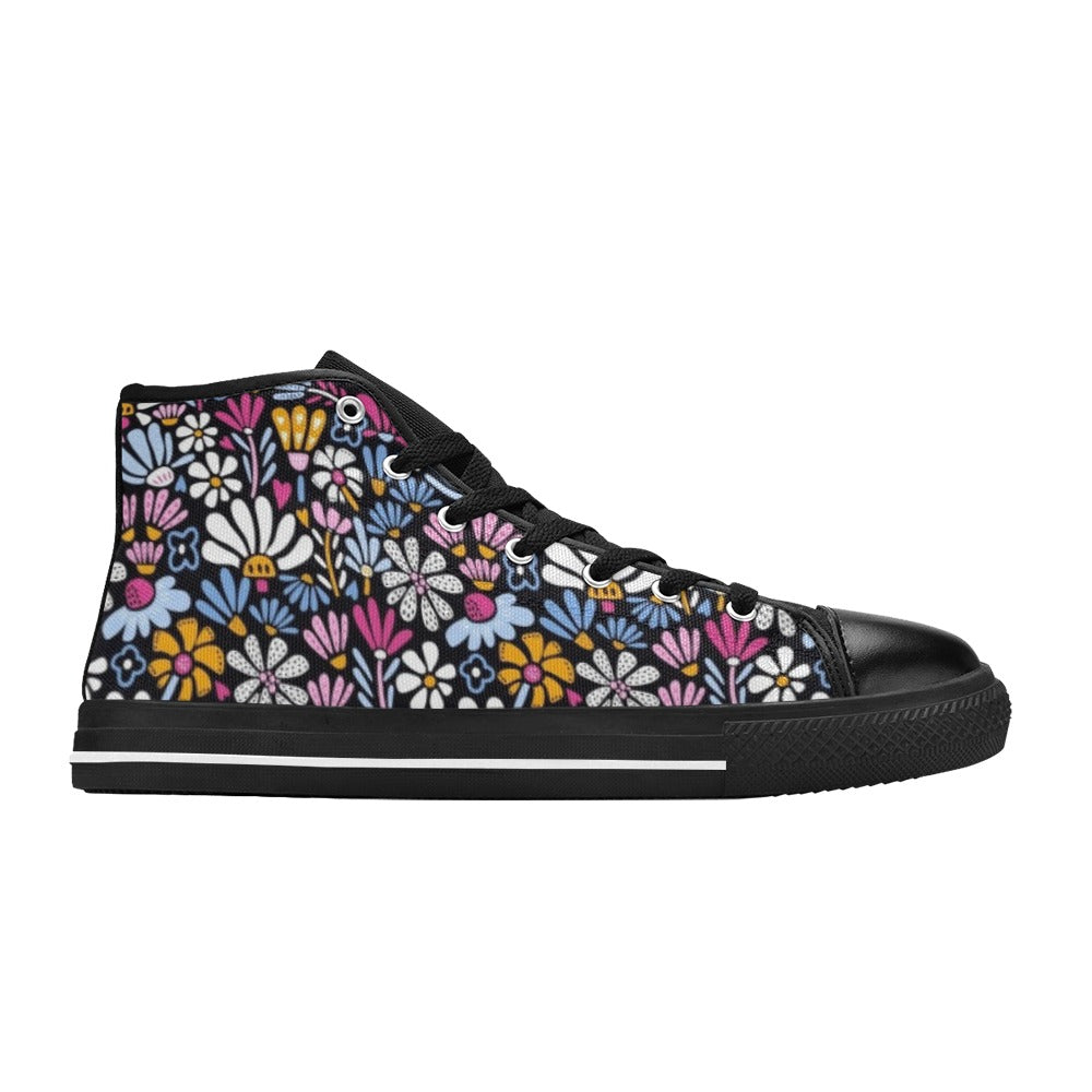 Graphic Flowers On Black Women's High Top Canvas Shoes Womens Classic High Top Shoes Plants Printed Offshore