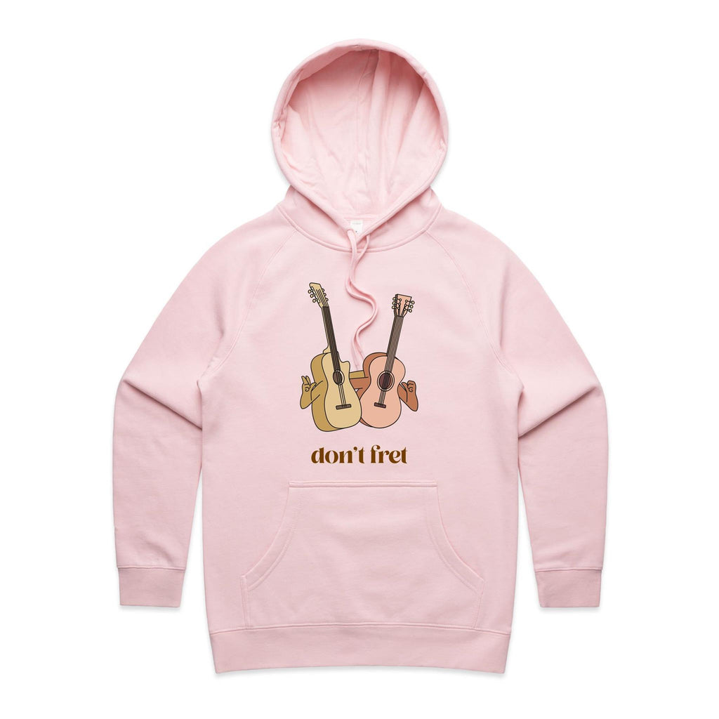 Guitars, Don't Fret - Womens Hoodie Pink Womens Hoodie Music Positivity Printed In Australia