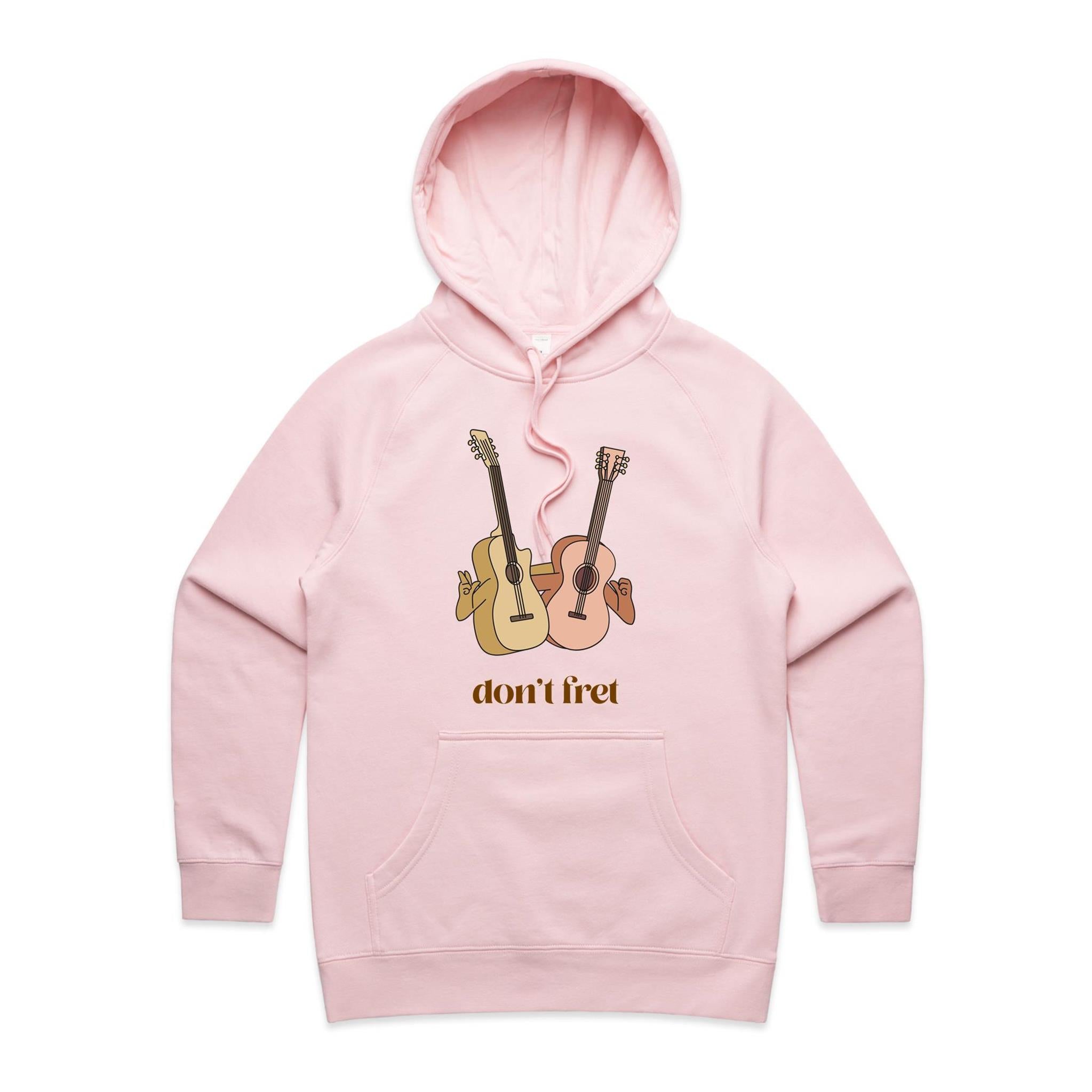 Guitars, Don't Fret - Womens Hoodie Pink Womens Hoodie Music Positivity Printed In Australia