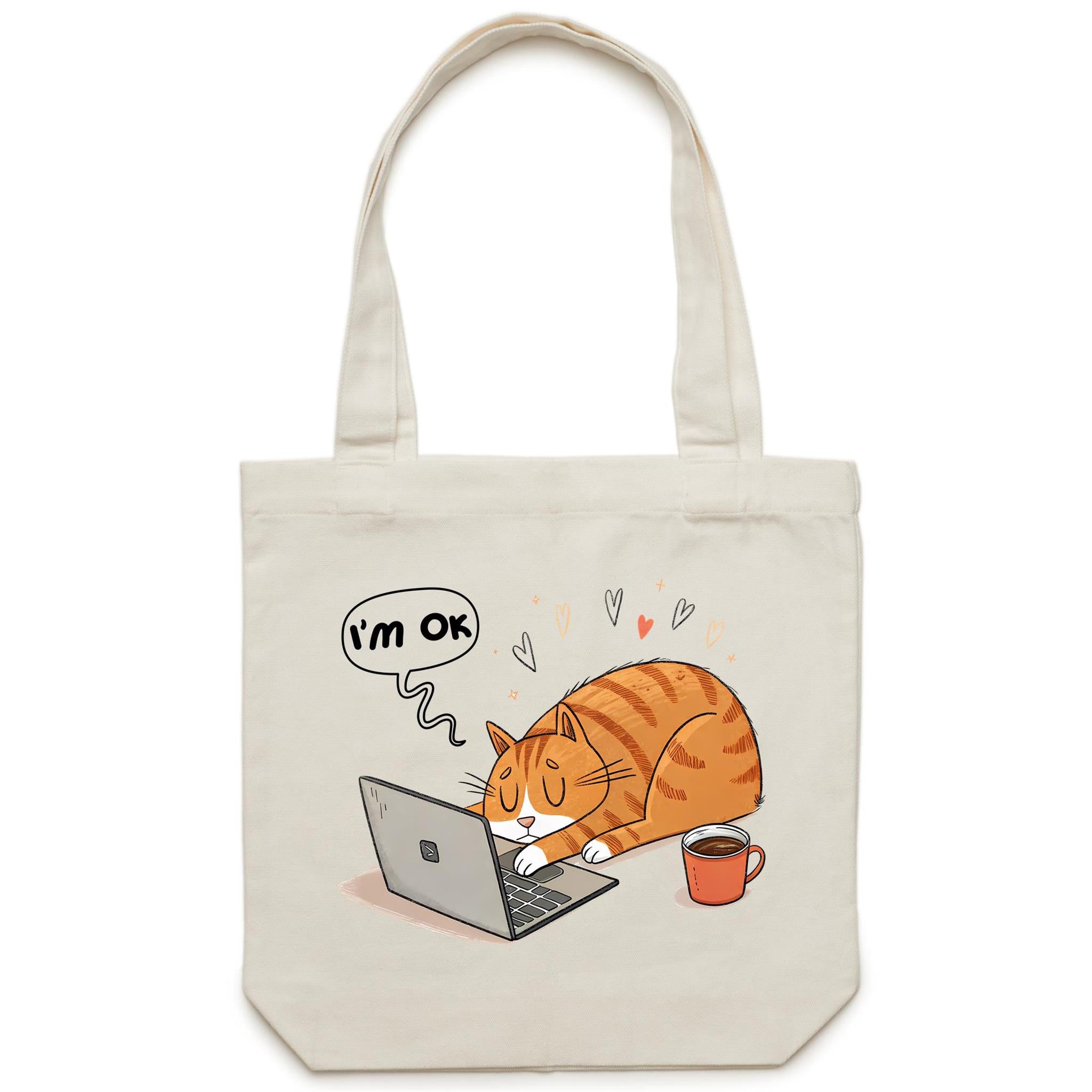 Cat Laptop, I'm OK - Canvas Tote Bag Default Title Tote Bag animal Printed In Australia