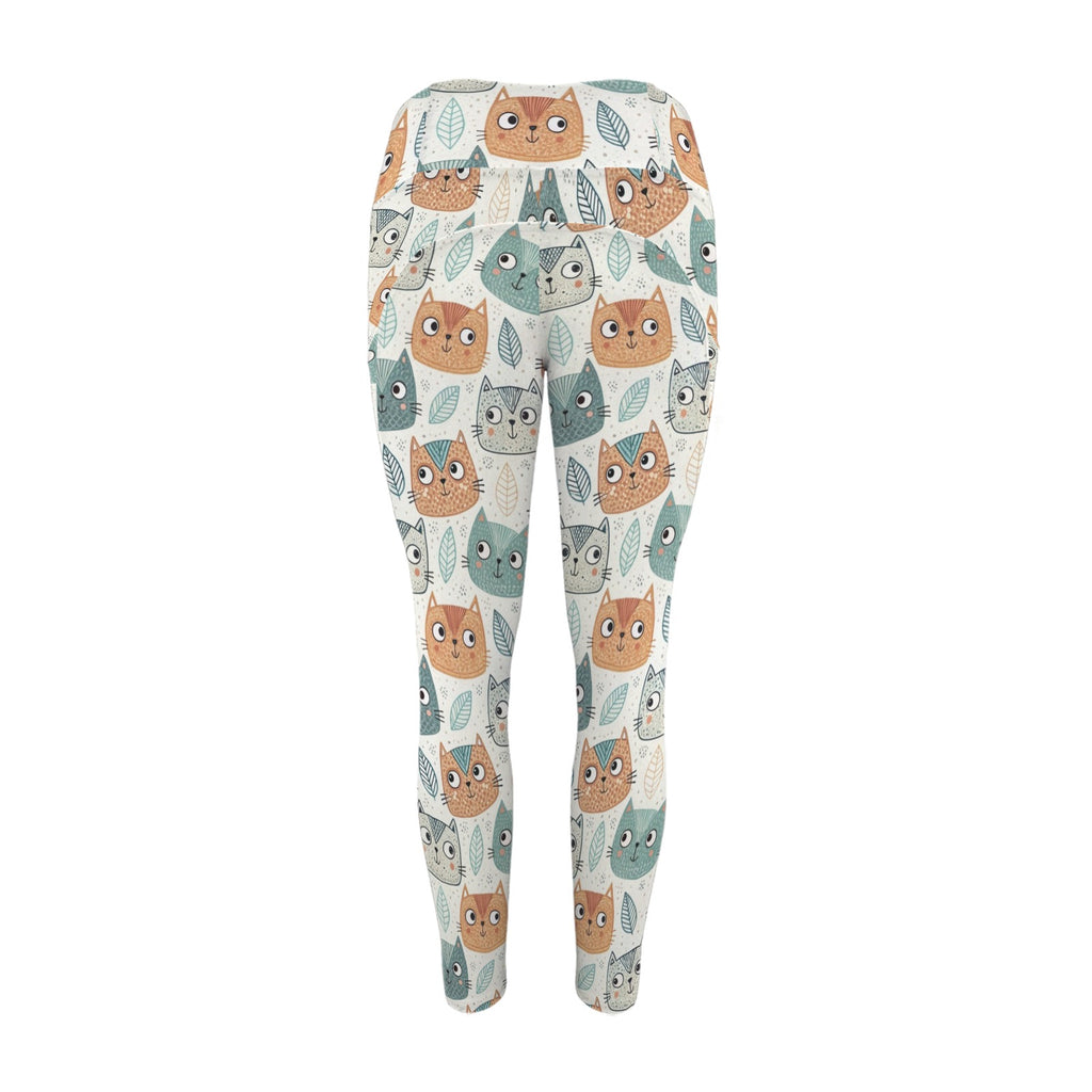 Cute Cat Faces - Women's High Waist Pockets Yoga Leggings