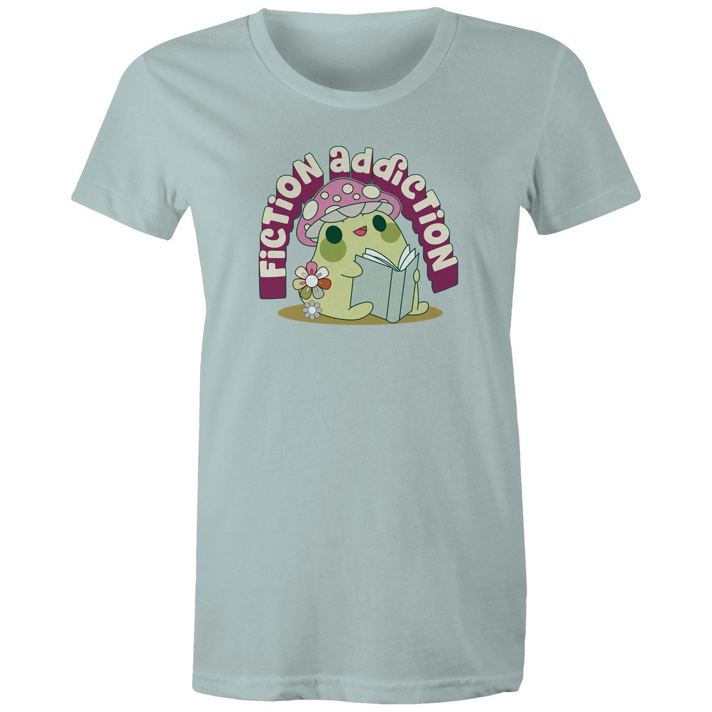 Fiction Addiction - Womens T-shirt Pale Blue Womens T-shirt Printed In Australia Reading