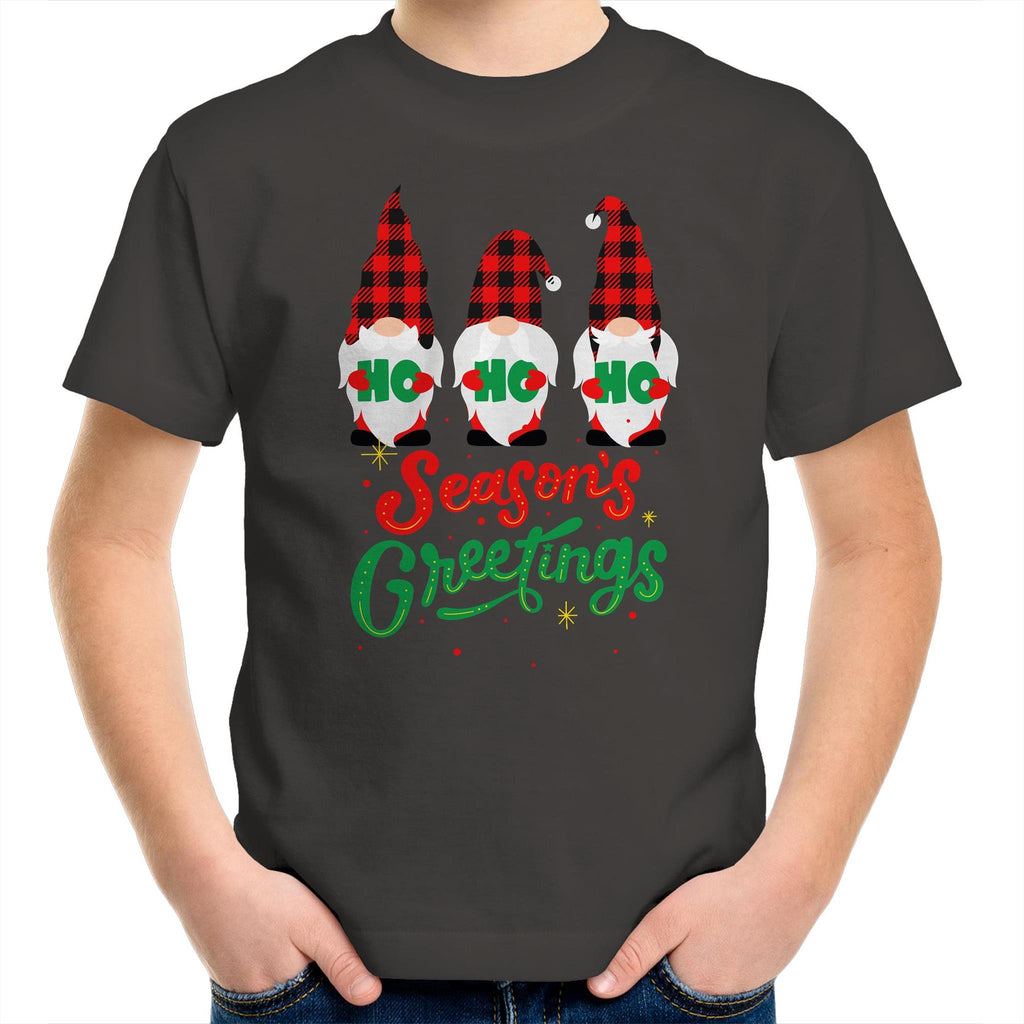 Christmas Gnomes Seasons Greetings - Kids Youth T-Shirt Charcoal Kids Christmas T-shirt Christmas Printed In Australia
