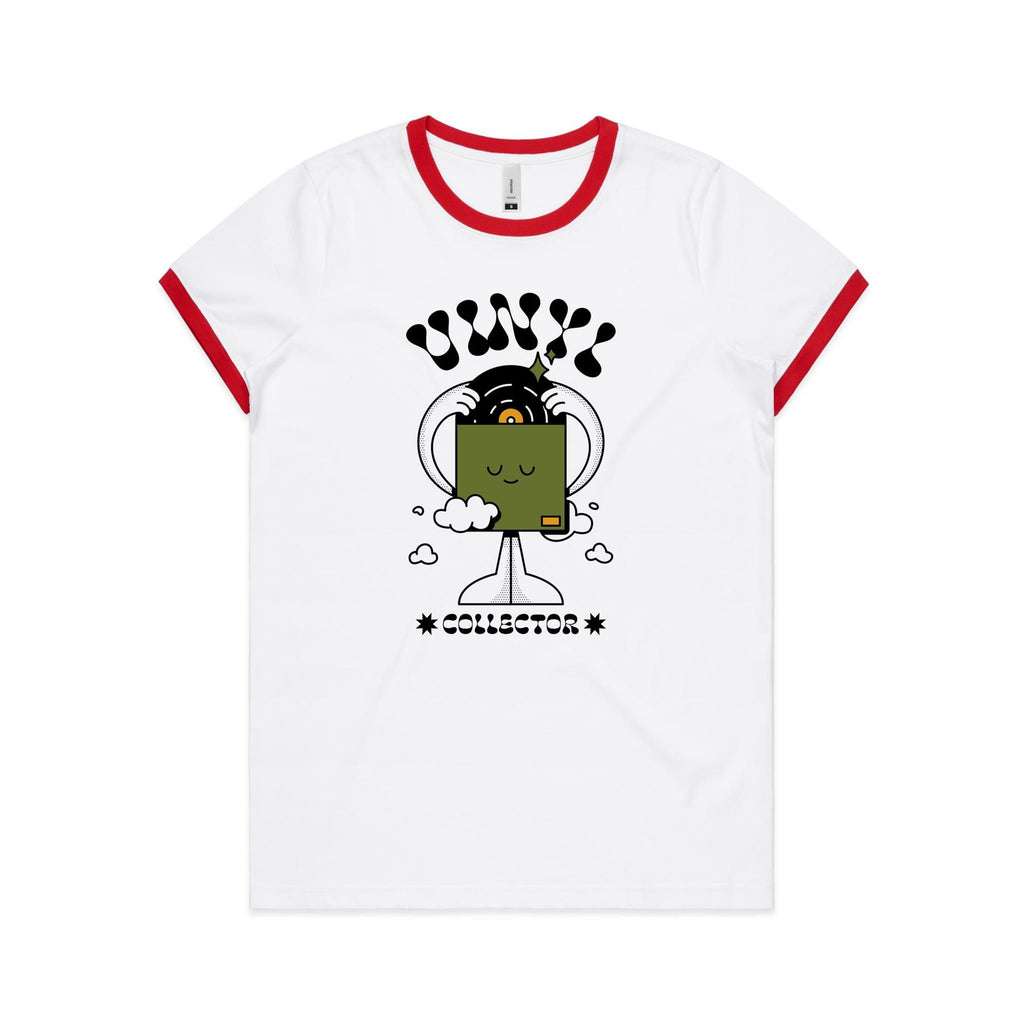 Vinyl Collector, Records - Women's Ringer Tee White Red Womens Ringer T-shirt Music Printed In Australia Retro