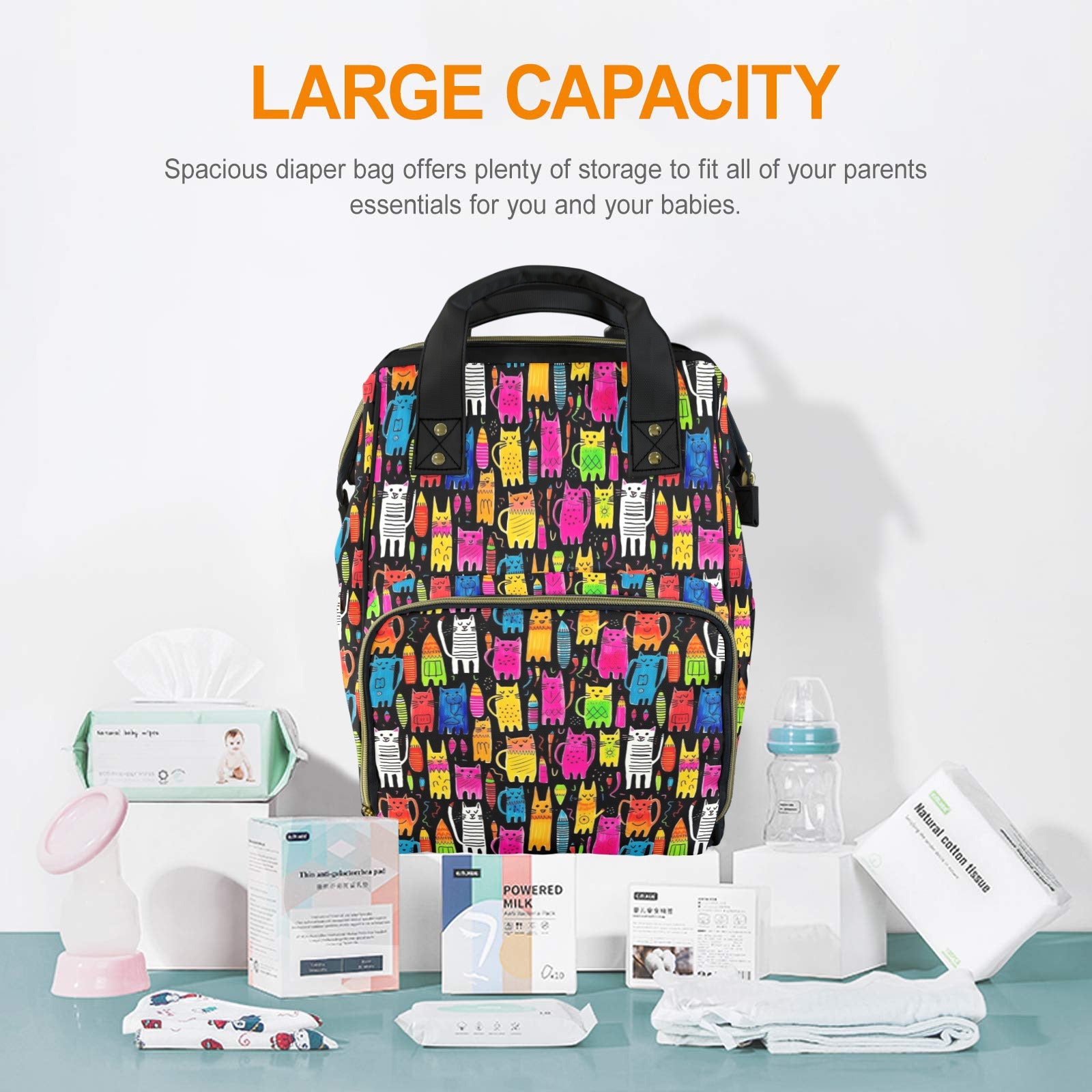 Colourful Cats - Multi-Function Backpack, Nappy / Diaper Bag