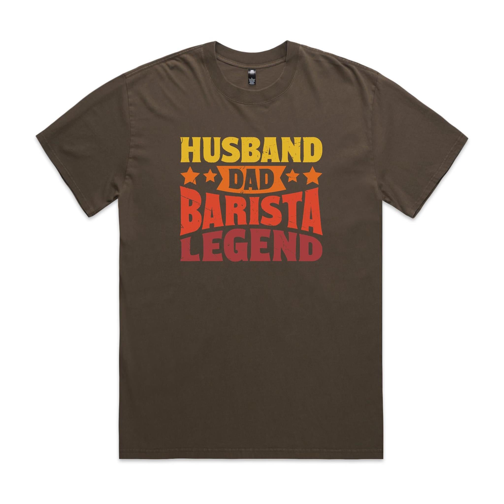 Husband, Dad, Barista, Legend AS Colour Heavy Faded Tee Unisex Faded brown Heavy Faded T-shirt Coffee Dad Printed In Australia