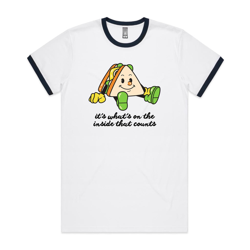 Sandwich, It's What's On The Inside That Counts - Staple Ringer Tee White Navy Ringer T-Shirt Food Positivity Printed In Australia