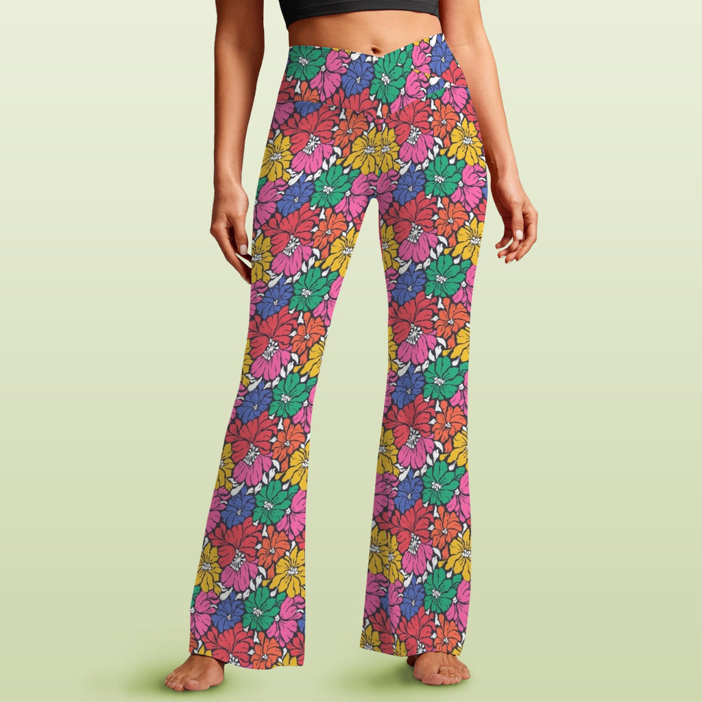 Bright And Bold Flowers High Waist Crossover Tummy Control Flare Leggings 5XL High Waist Flare Leggings Plants Printed Offshore