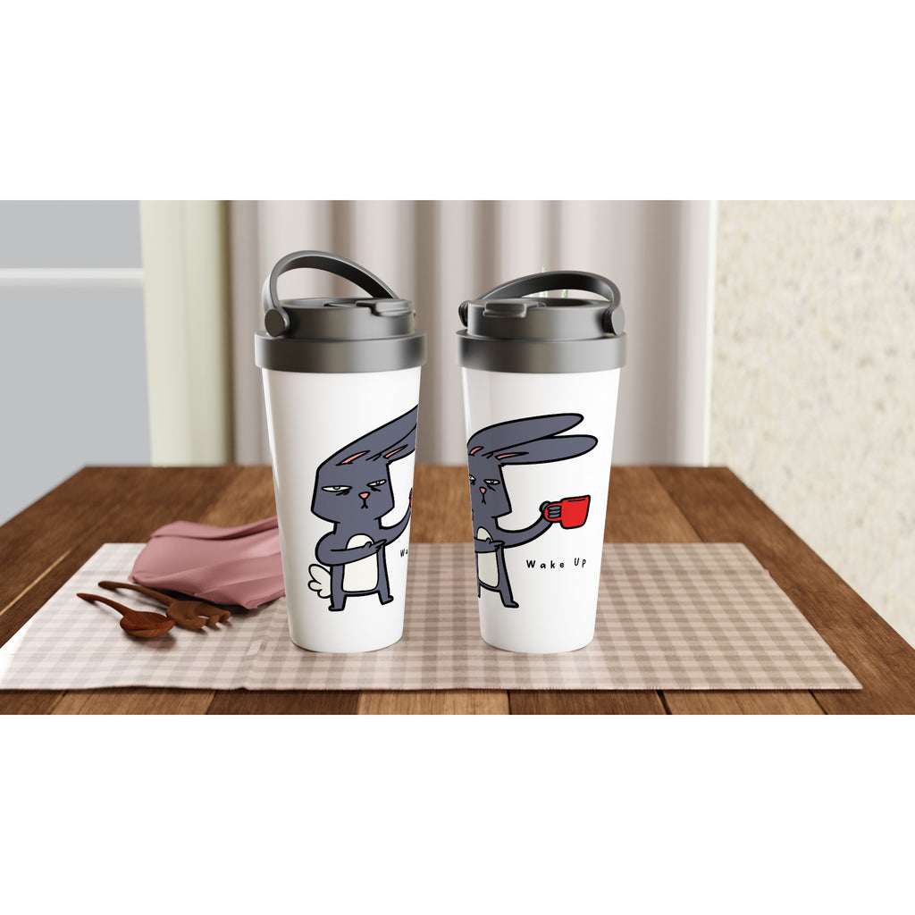 Wake Up, Coffee Rabbit - White 15oz Stainless Steel Travel Mug Travel Mug animal Coffee Globally Fulfilled