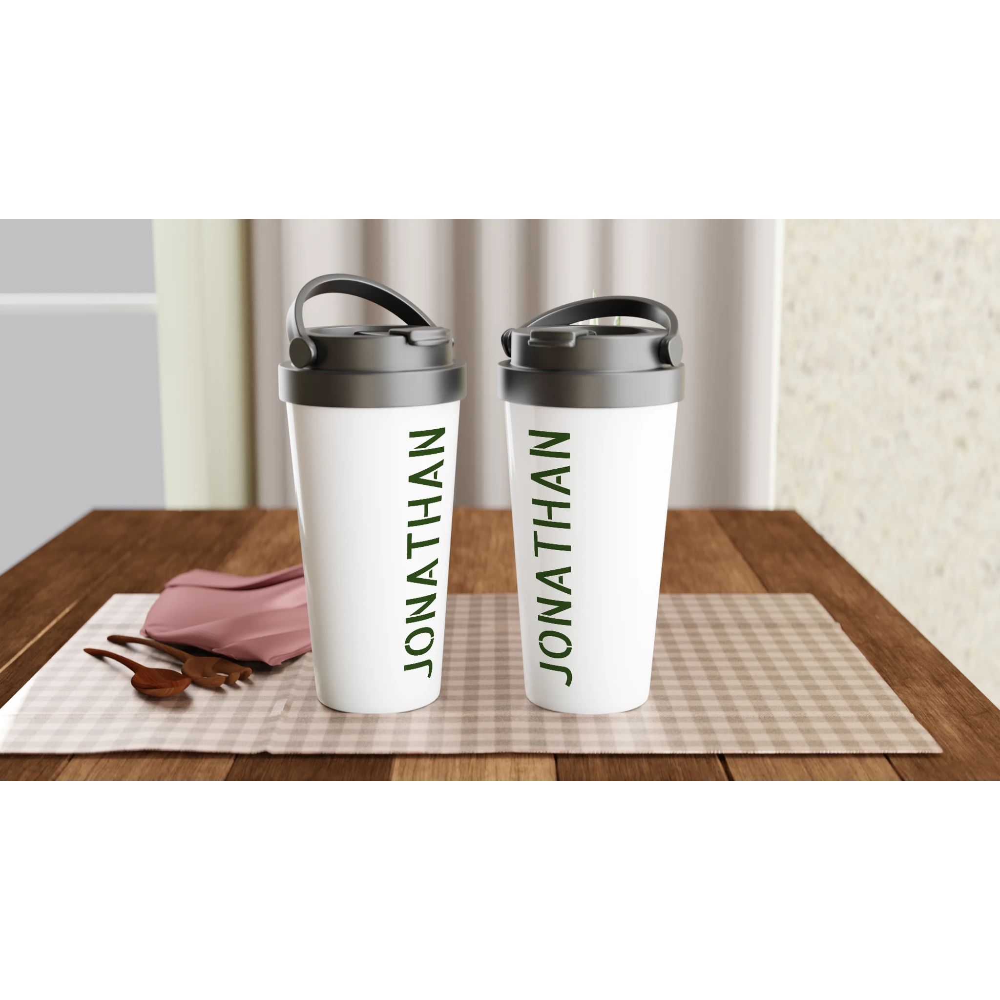 Personalise - Vertical Name In Stencil Font - White 15oz Stainless Steel Travel Mug Personalised Travel Mug customise Globally Fulfilled Name personalise