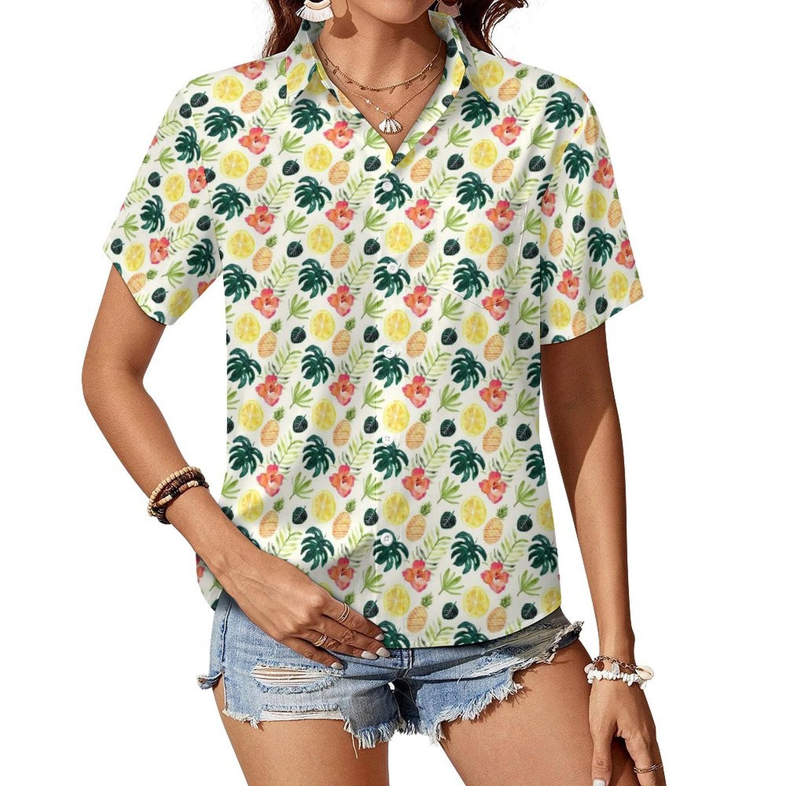 Tropical Pineapple Women's Short-Sleeve Button Up Shirt white Women's Short-Sleeve Button Up Shirt Food Printed Offshore
