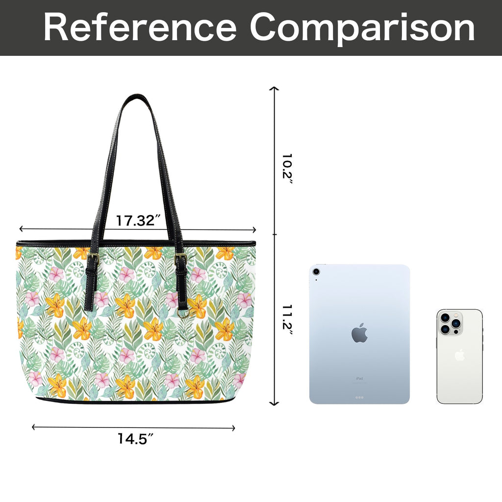 Tropical Flowers And Leaves PU Leather Tote Bag Large Leather Tote Bag-Large Plants Printed Offshore