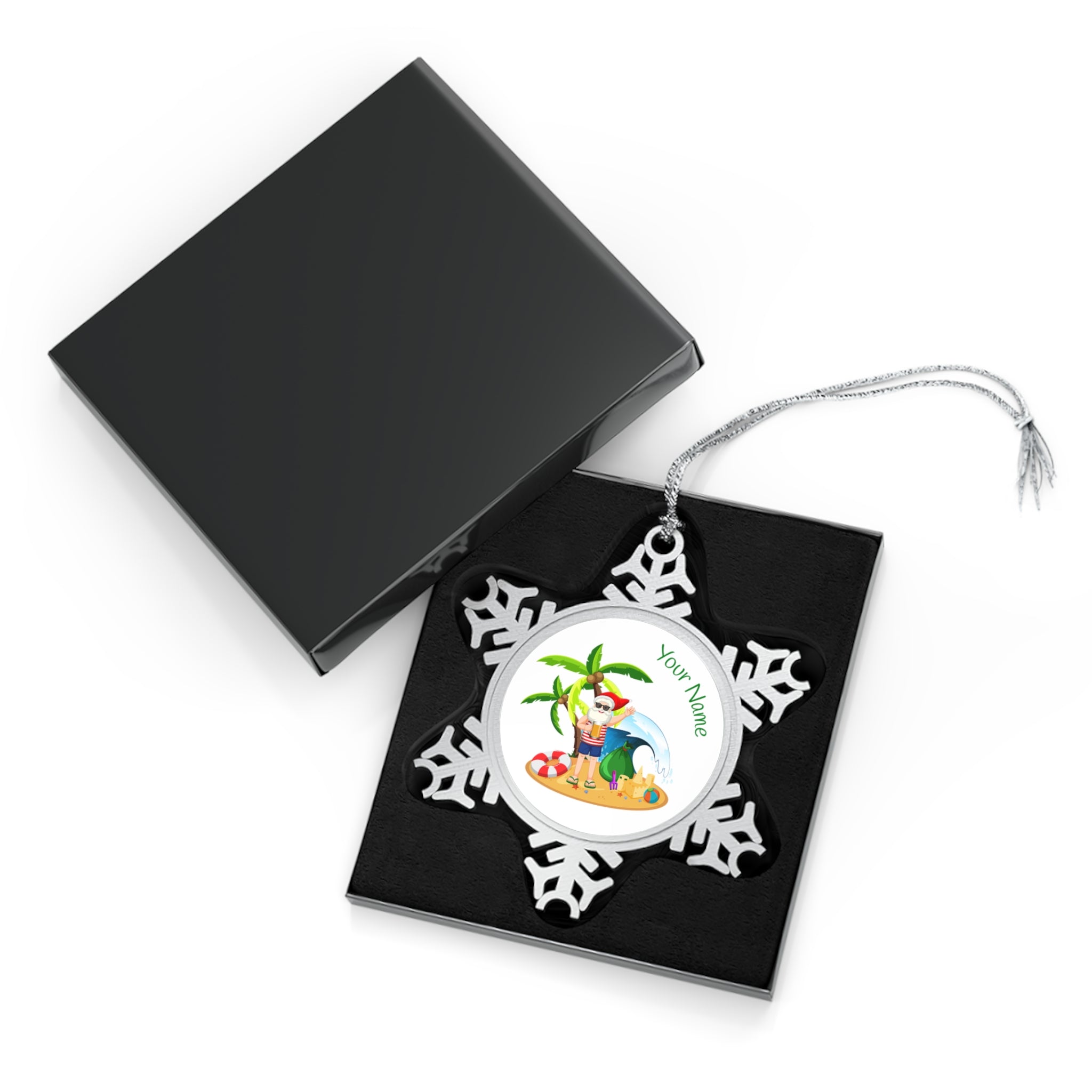 Personalised - Tropical Santa - Christmas Pewter Snowflake Ornament