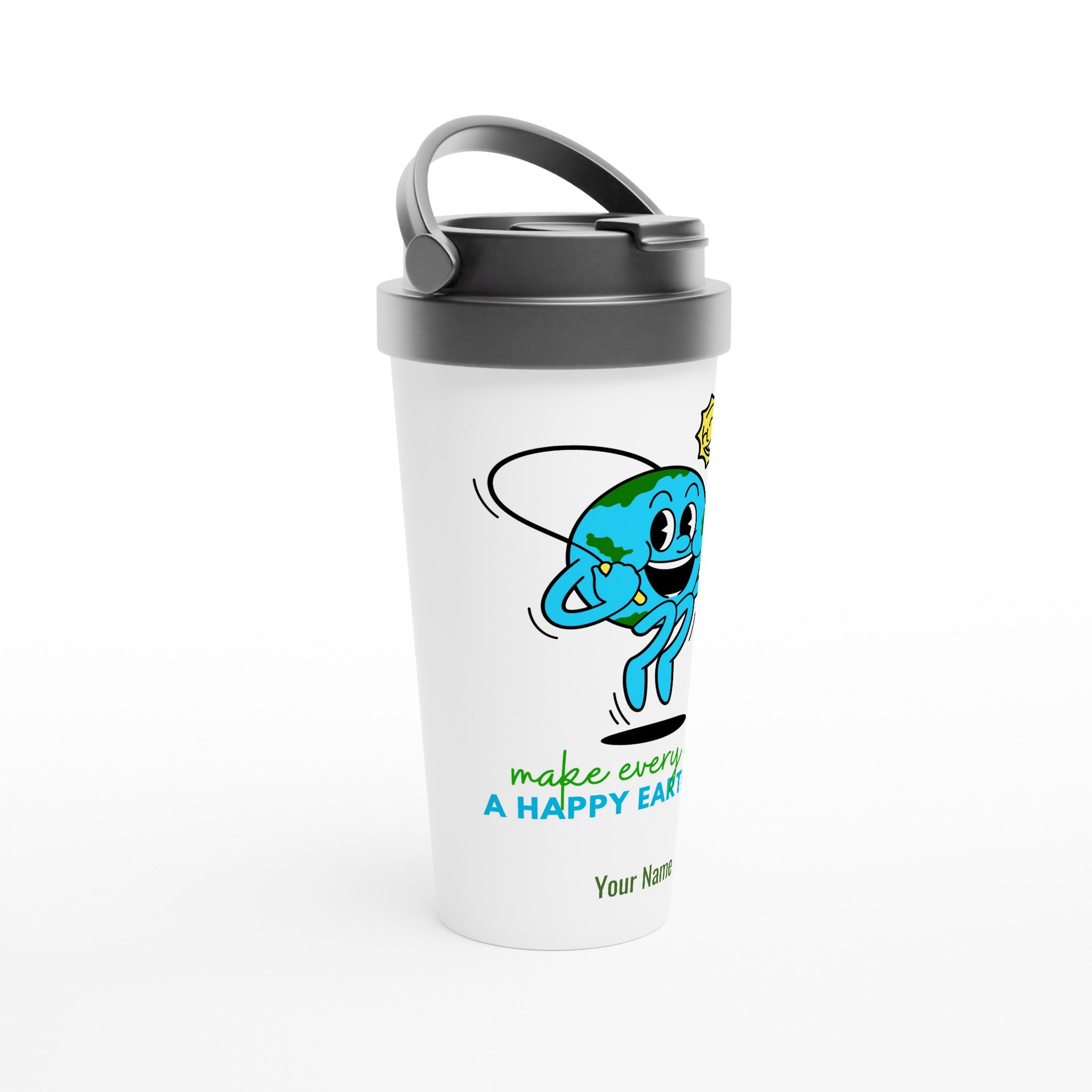 Personalised - Make Every Day A Happy Earth Day - White 15oz Stainless Steel Travel Mug Personalised Travel Mug customise environment Globally Fulfilled personalise