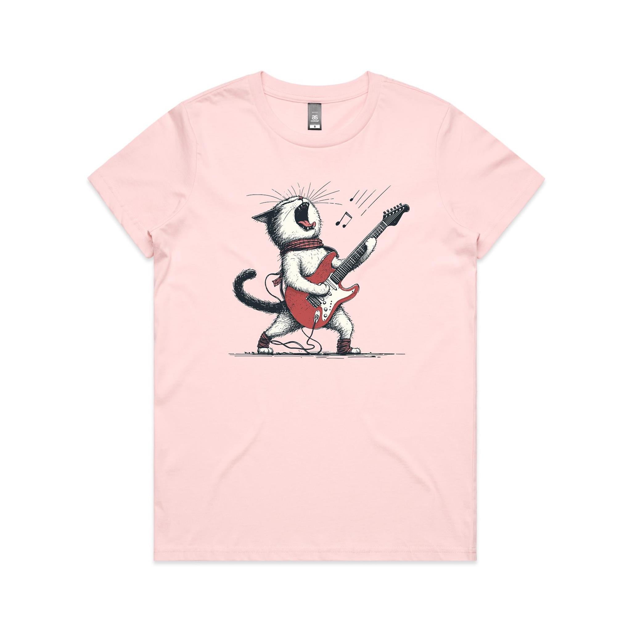 Cat Playing Guitar Women's AS Colour T-shirt Pink Womens T-shirt animal Music Printed In Australia