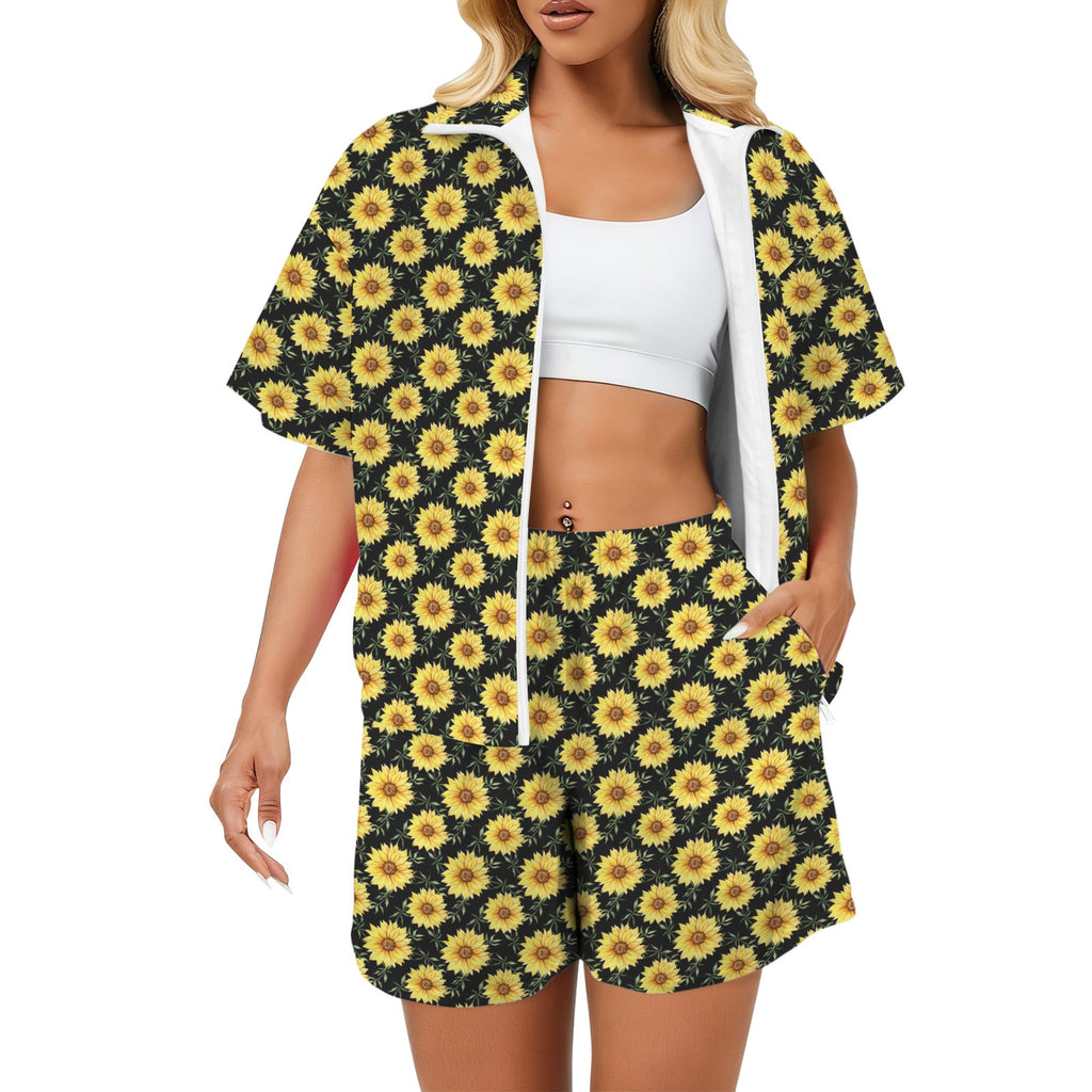 Painted Sunflower Women's Windbreaker Short Set 2XL Women's Windbreaker Short Set Plants Printed Offshore