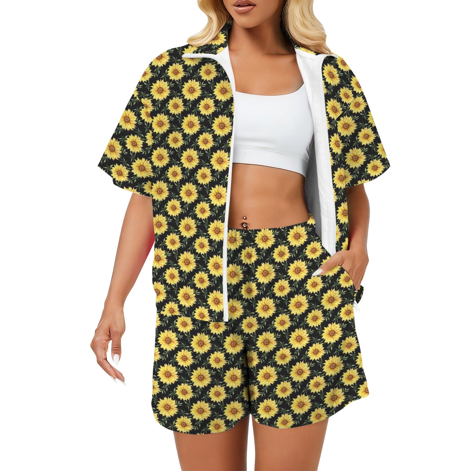 Painted Sunflower Women's Windbreaker Short Set 2XL Women's Windbreaker Short Set Plants Printed Offshore
