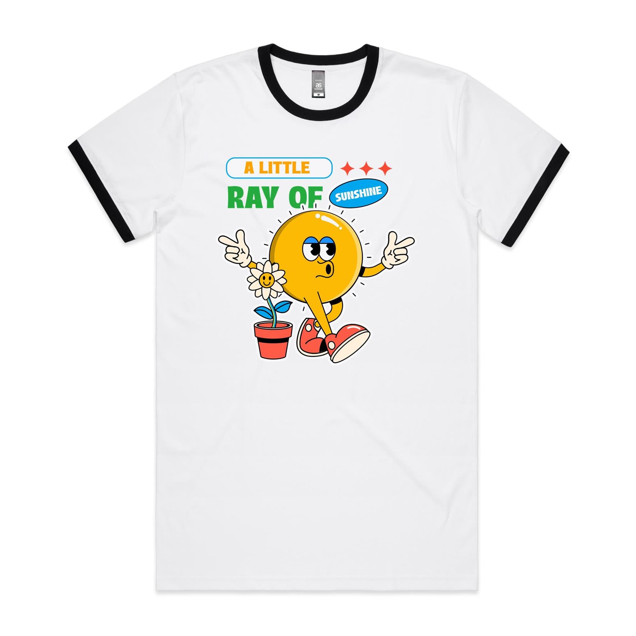 A Little Ray Of Sunshine - Staple Ringer Tee White Black Ringer T-Shirt Positivity Printed In Australia
