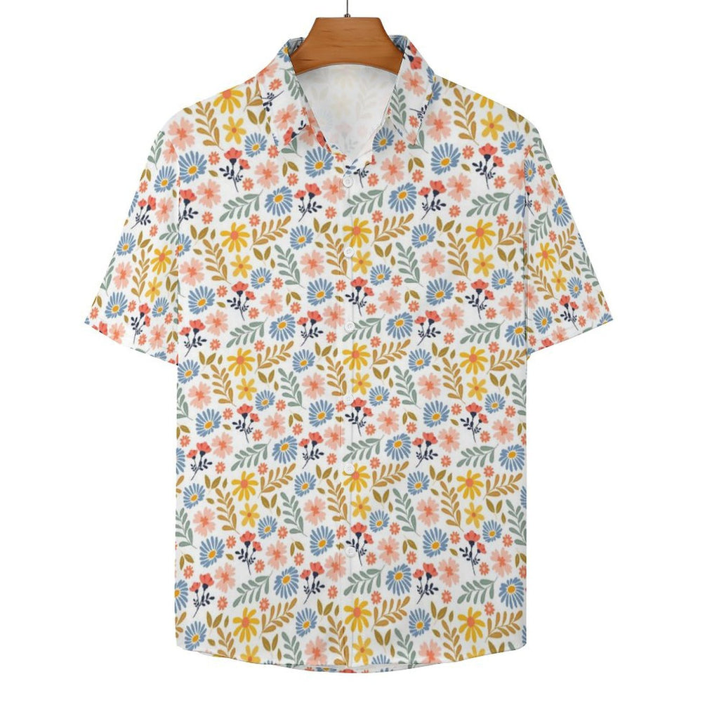 Boho Flowers And Leaves Women's Collared Pocketless Short Sleeve Shirt