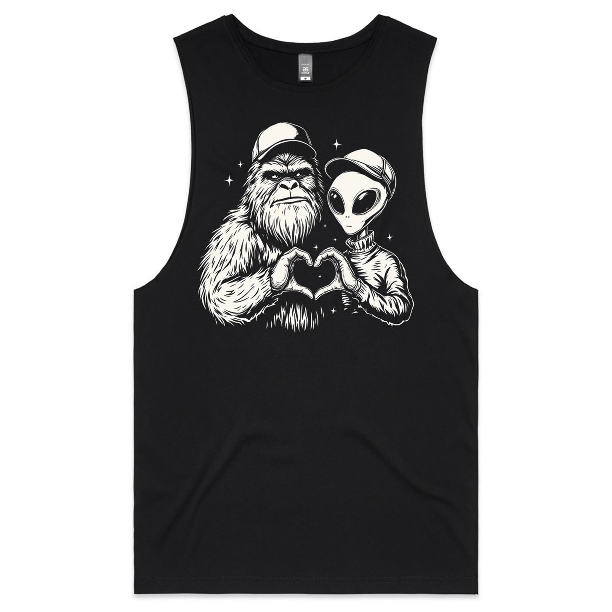 Alien And Bigfoot Heart Hands - Mens Tank Top Tee Black Drop Arm Tank Top Love Printed In Australia Sci Fi