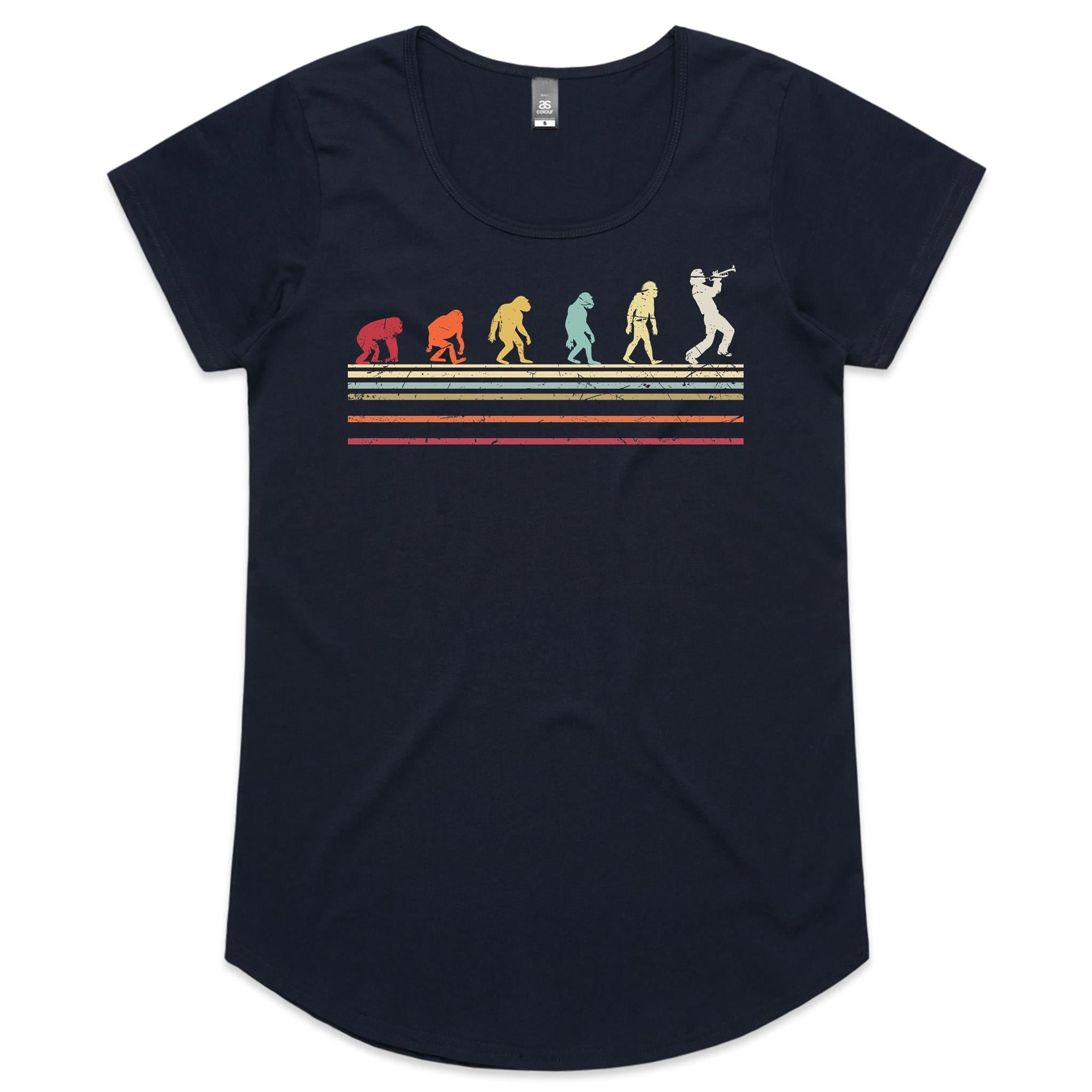 Trumpet Player Evolution - Womens Scoop Neck T-Shirt Navy Womens Scoop Neck T-shirt Music Printed In Australia