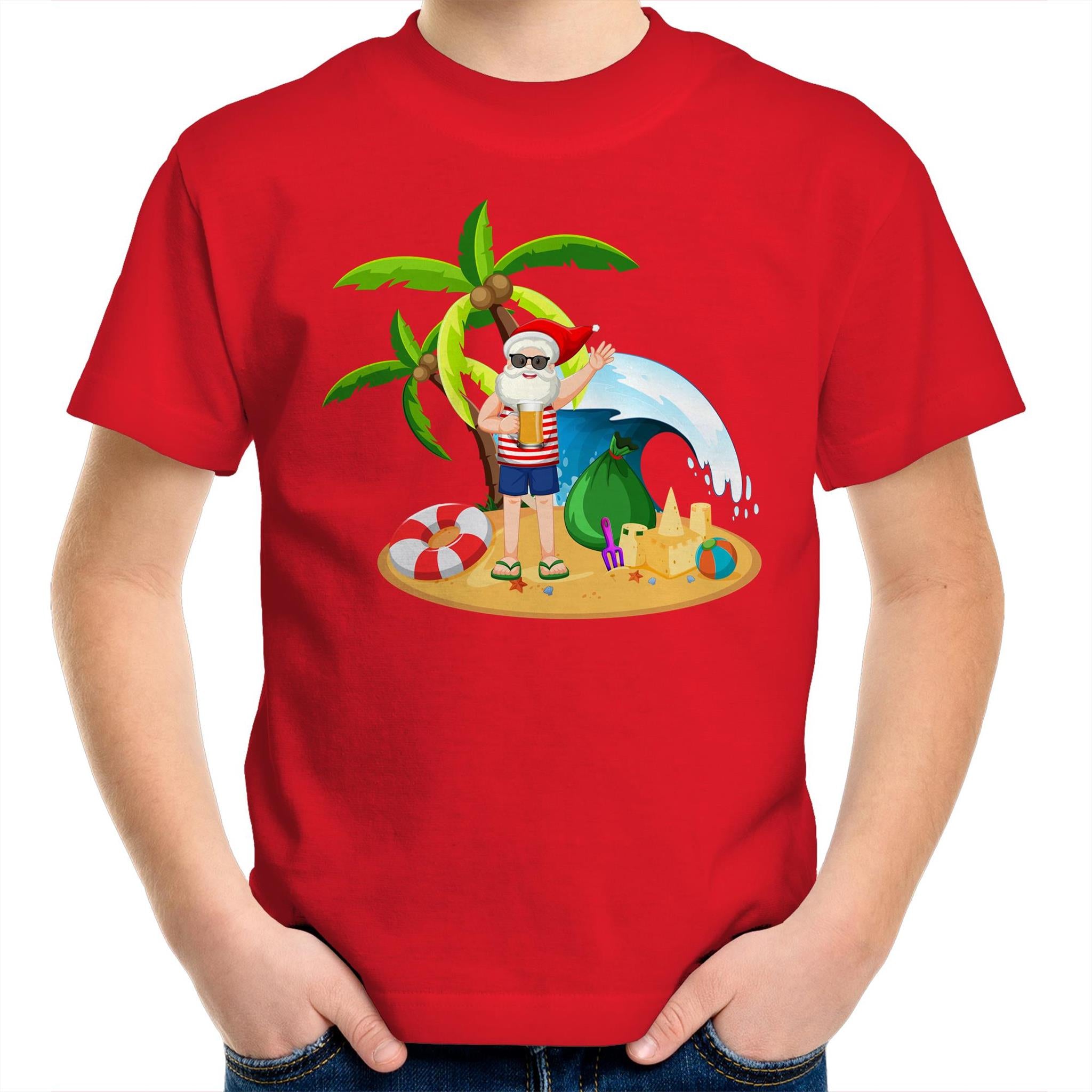Summer Surf Santa - Kids Youth T-Shirt Red Kids Christmas T-shirt Christmas Printed In Australia