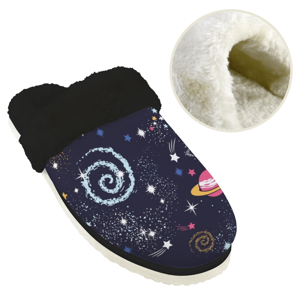 Outer Space Men's Fur Trim Thick-Sole Indoor Slippers Men's Fur Trimmed Slippers Printed Offshore Space