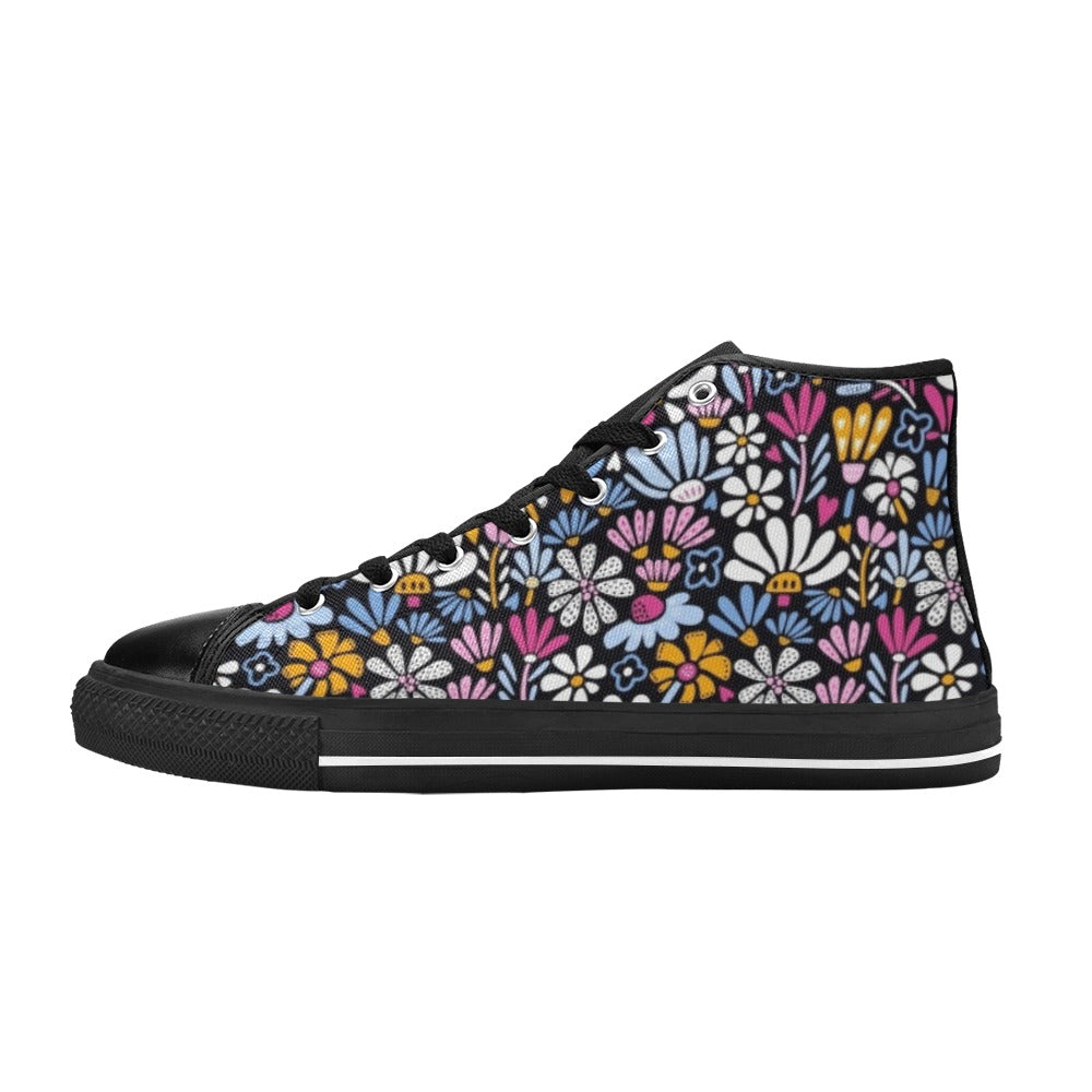 Graphic Flowers On Black Women's High Top Canvas Shoes US12 Womens Classic High Top Shoes Plants Printed Offshore