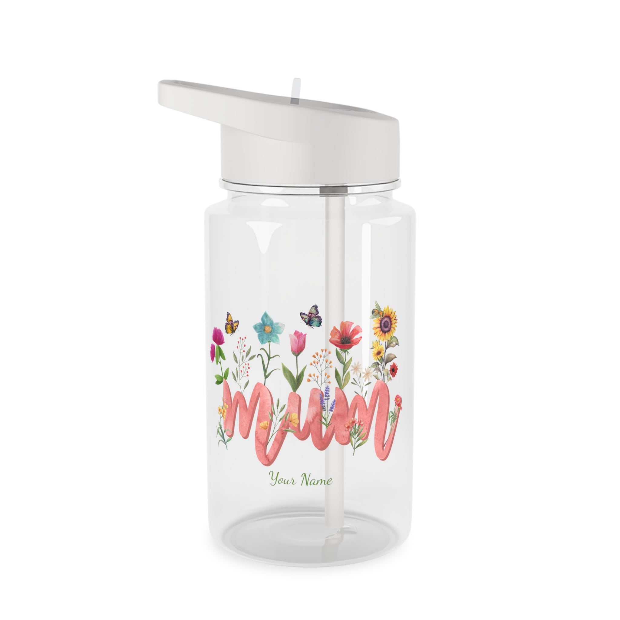 Personalised - Mum, With Flowers And Butterfly - Tritan Water Bottle
