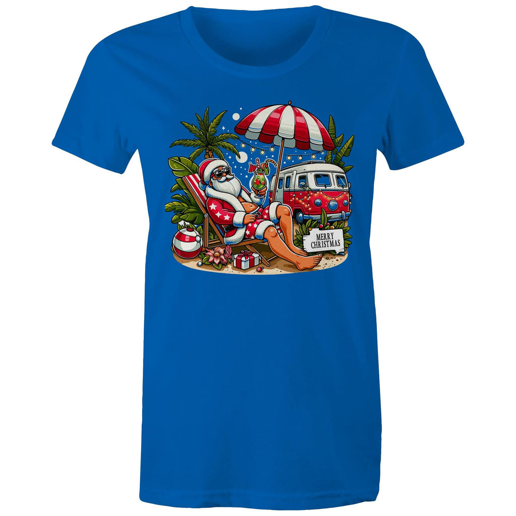 Santa By The Beach - Womens T-shirt Bright Royal Womens Christmas T-shirt Christmas Printed In Australia
