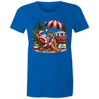 Santa By The Beach - Womens T-shirt Bright Royal Womens Christmas T-shirt Christmas Printed In Australia