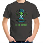 Hello Humans, Alien - Kids Youth T-Shirt Charcoal Kids Youth T-shirt Printed In Australia Sci Fi