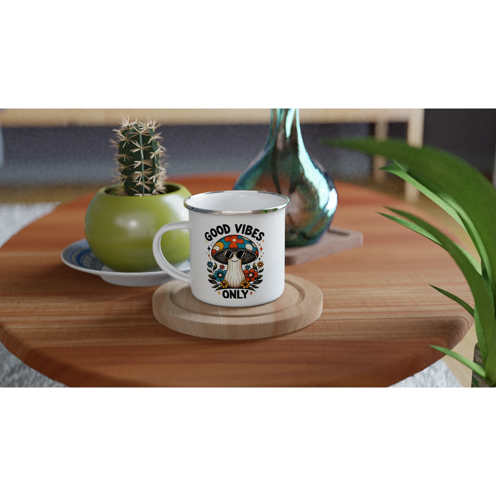Personalised Good Vibes Only, Hippie Mushroom With Sunglasses White 12oz Enamel Mug Personalised Enamel Mug Globally Fulfilled Positivity
