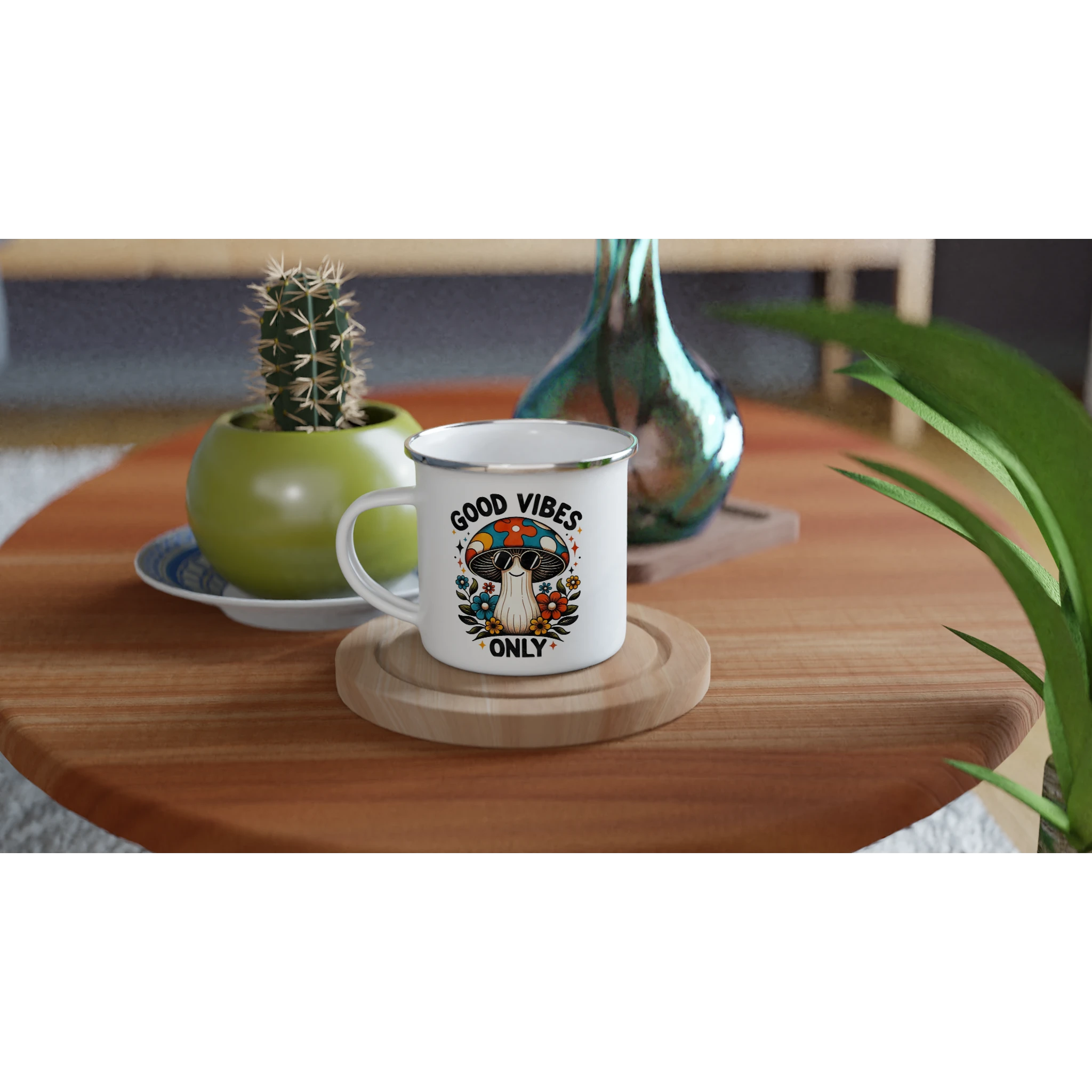 Personalised Good Vibes Only, Hippie Mushroom With Sunglasses White 12oz Enamel Mug Personalised Enamel Mug Globally Fulfilled Positivity