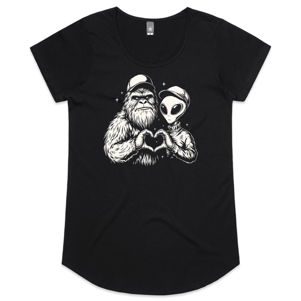 Alien Bigfoot Heart Hands - Womens Scoop Neck T-Shirt Black Womens Scoop Neck T-shirt Love Printed In Australia Sci Fi