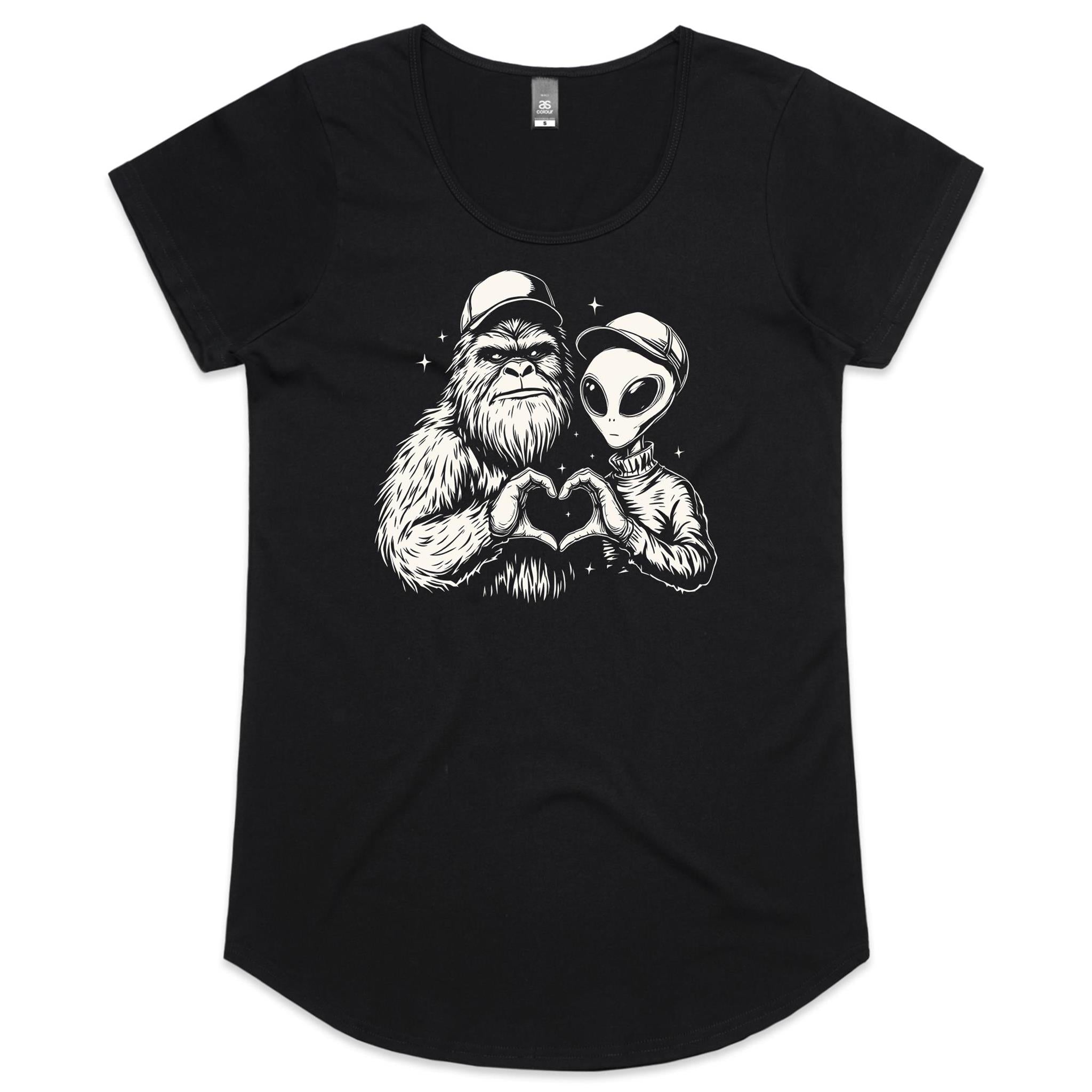 Alien Bigfoot Heart Hands - Womens Scoop Neck T-Shirt Black Womens Scoop Neck T-shirt Love Printed In Australia Sci Fi