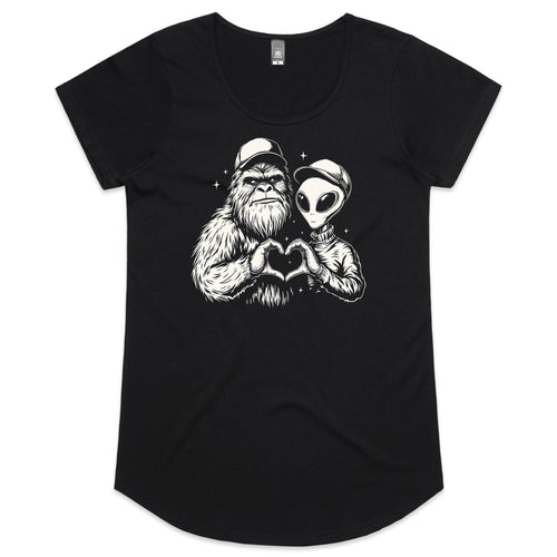 Alien Bigfoot Heart Hands - Womens Scoop Neck T-Shirt Black Womens Scoop Neck T-shirt Love Printed In Australia Sci Fi