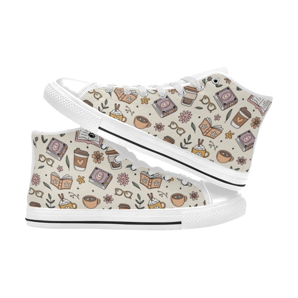 Books And Coffee Women's High Top Canvas Shoes Womens Classic High Top Shoes Coffee Printed Offshore Reading